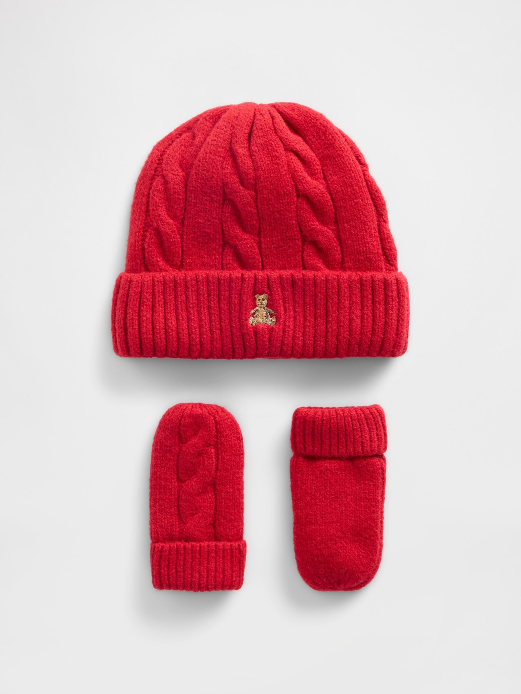 Red CashSoft Cable-Knit Beanie and Mittens Set - Image 1 of 1 Red CashSoft Cable-Knit Beanie and Mittens Set - Image 1 of 1