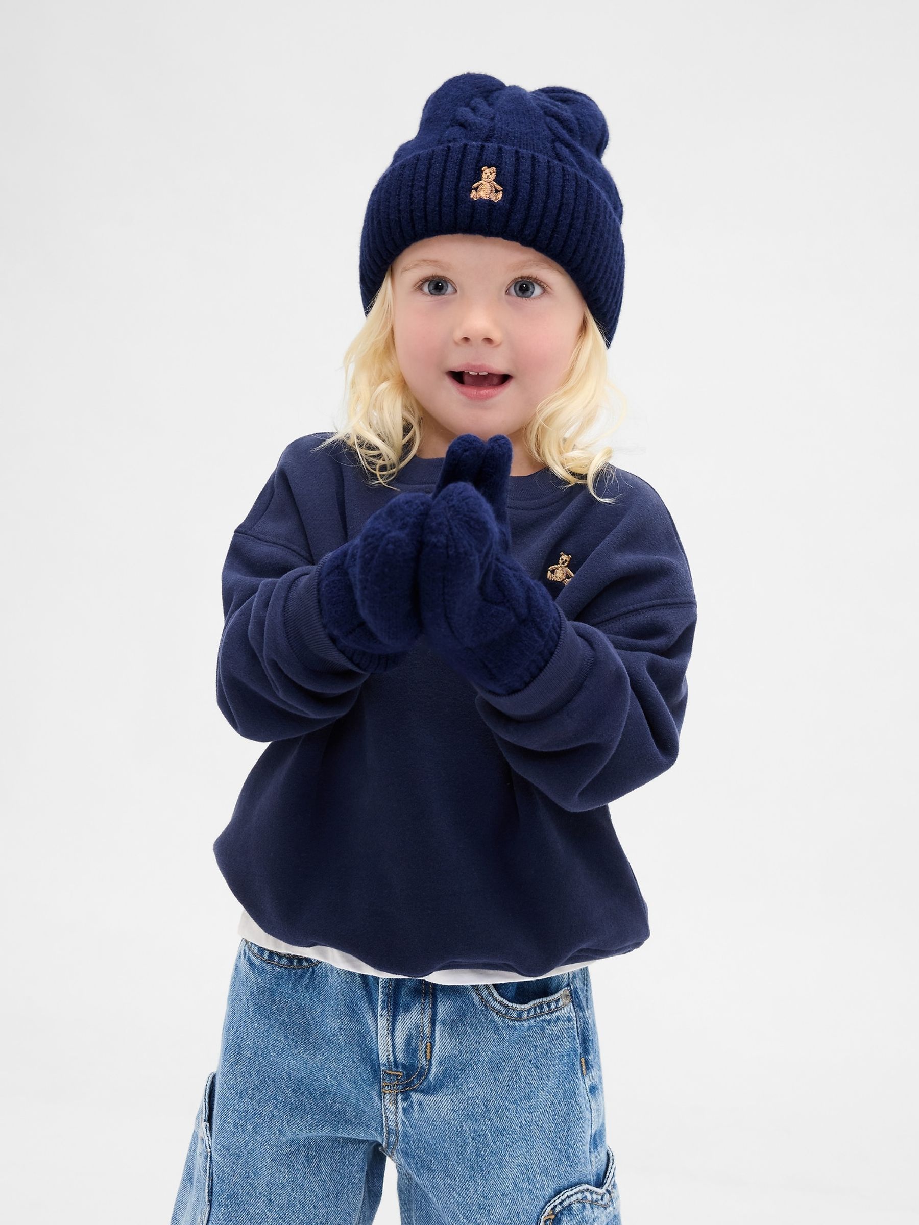 Blue CashSoft Cable-Knit Beanie and Mittens Set - Image 1 of 4 Blue CashSoft Cable-Knit Beanie and Mittens Set - Image 1 of 4