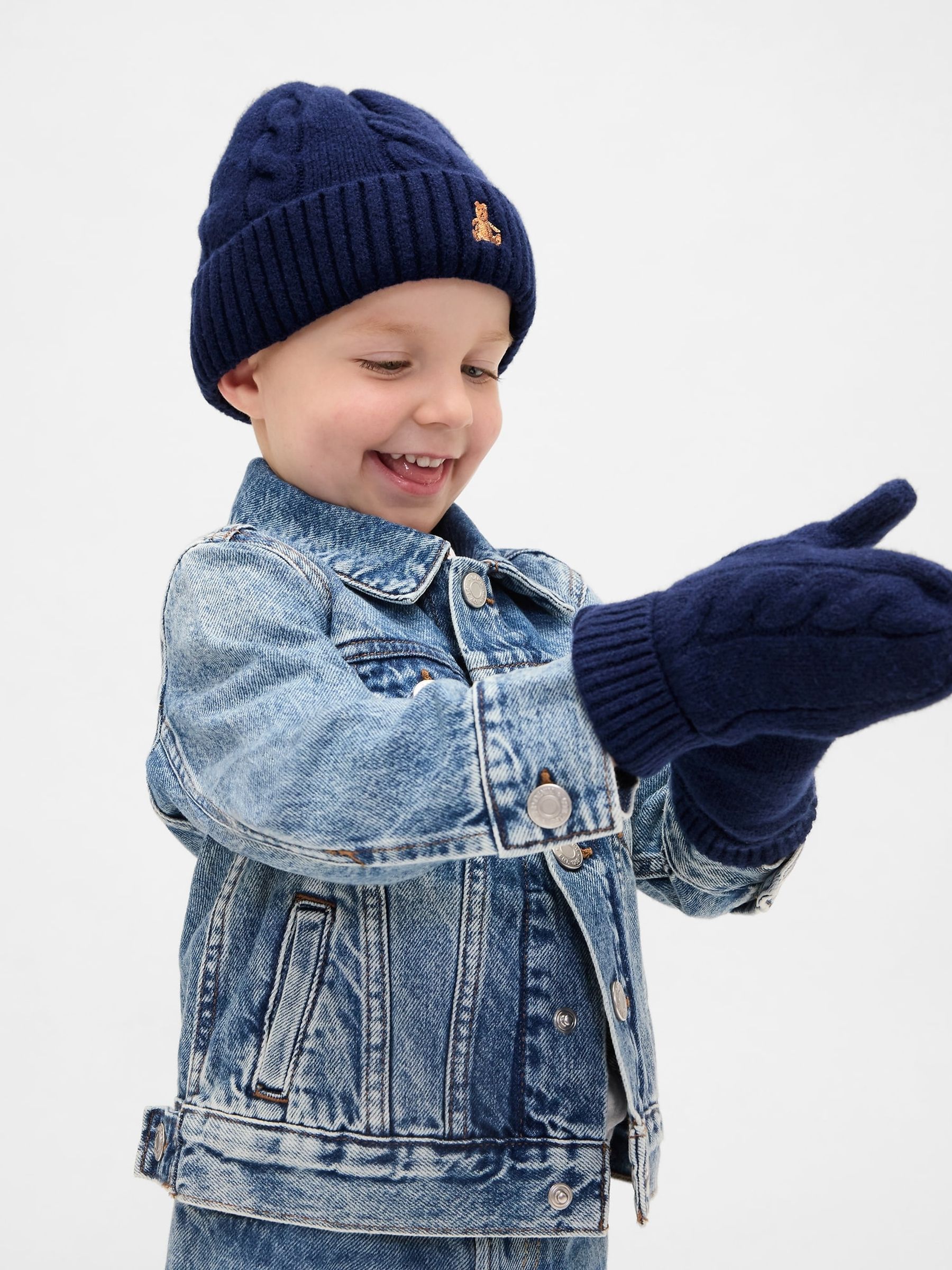 Blue CashSoft Cable-Knit Beanie and Mittens Set - Image 2 of 4 Blue CashSoft Cable-Knit Beanie and Mittens Set - Image 2 of 4