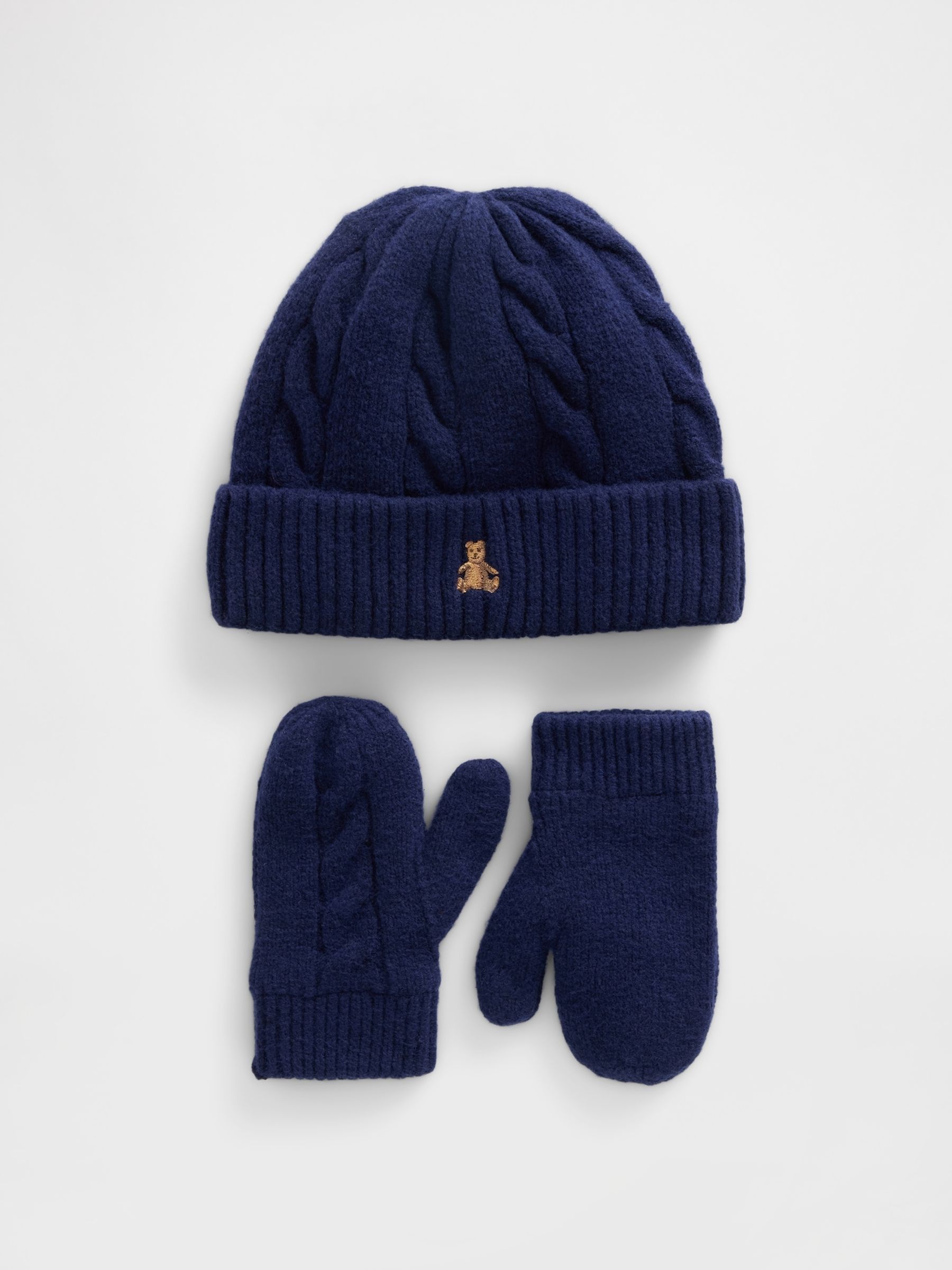 Blue CashSoft Cable-Knit Beanie and Mittens Set - Image 3 of 4