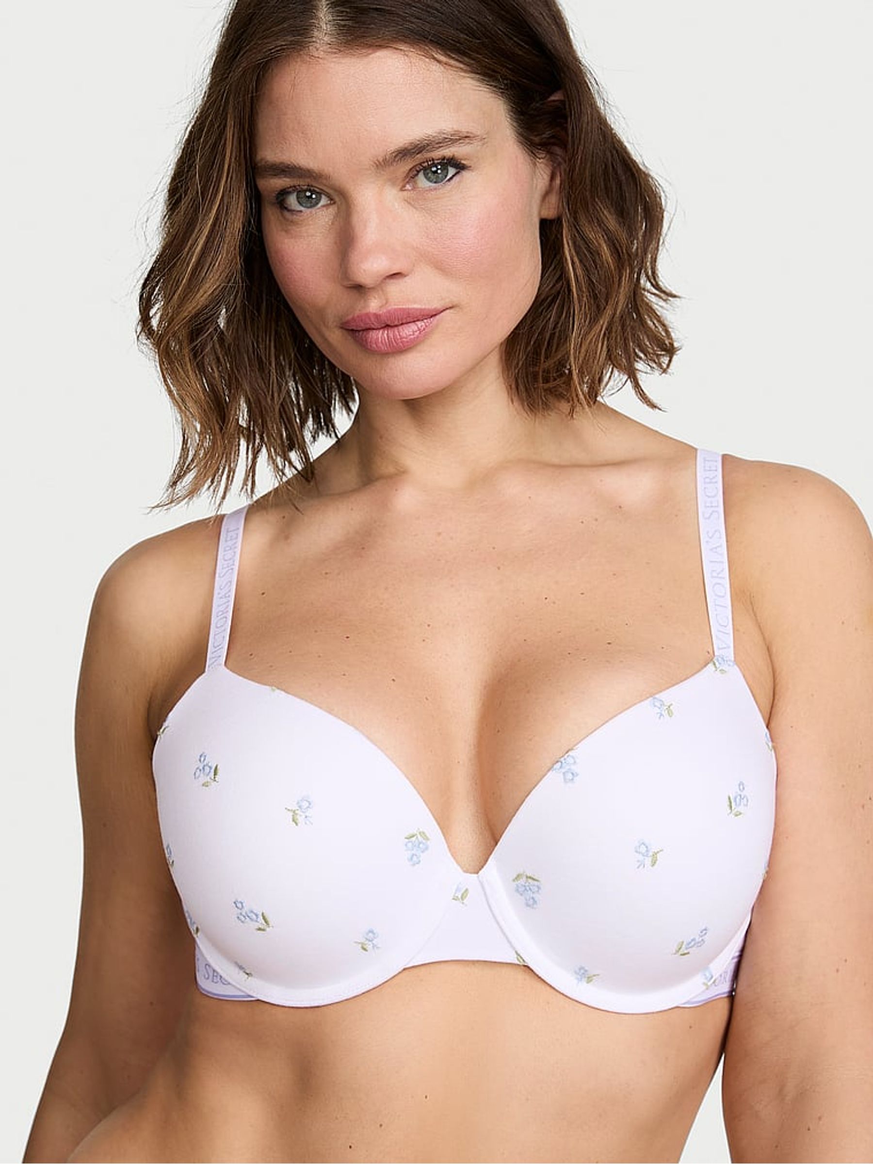 White Floral Full Cup Push Up Cotton Logo Embroidered Bra - Image 1 of 2 White Floral Full Cup Push Up Cotton Logo Embroidered Bra - Image 1 of 2