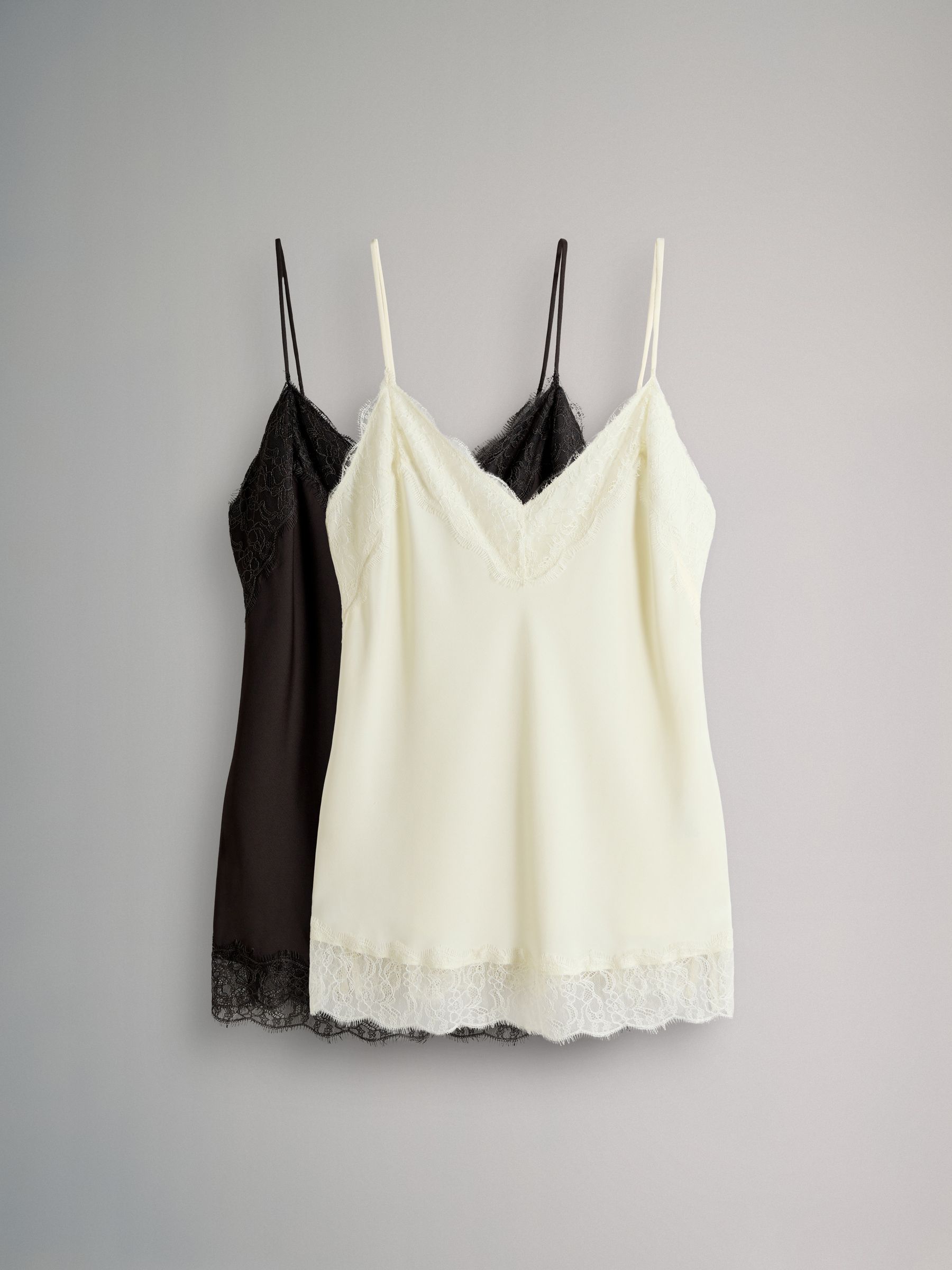 Ecru Cream/Chocolate Brown 2 Pack Satin Crepe Lace Trim Camisole - Image 2 of 5