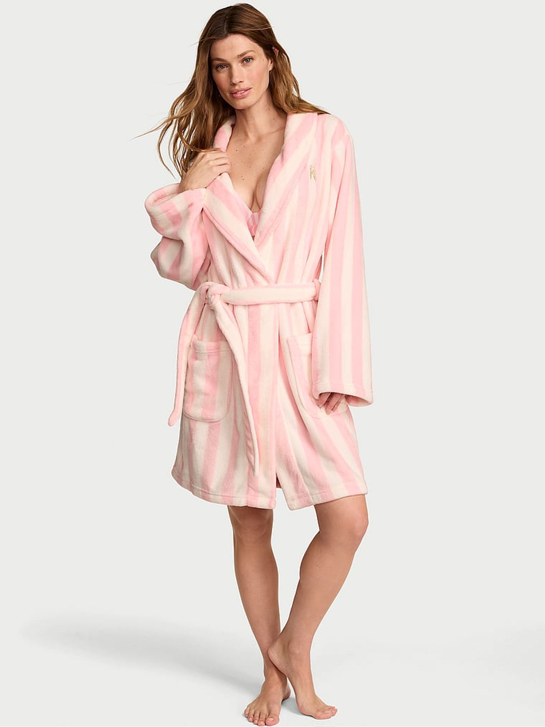victoria's secret pink stripe fluffy short dressing gown Victoria's Secret The Tour '23 Iconic Pink Stripe Robe, Women's Lingerie,  Embroidery Details, Satin Fabric (XS/S) at Amazon Women's Clothing store