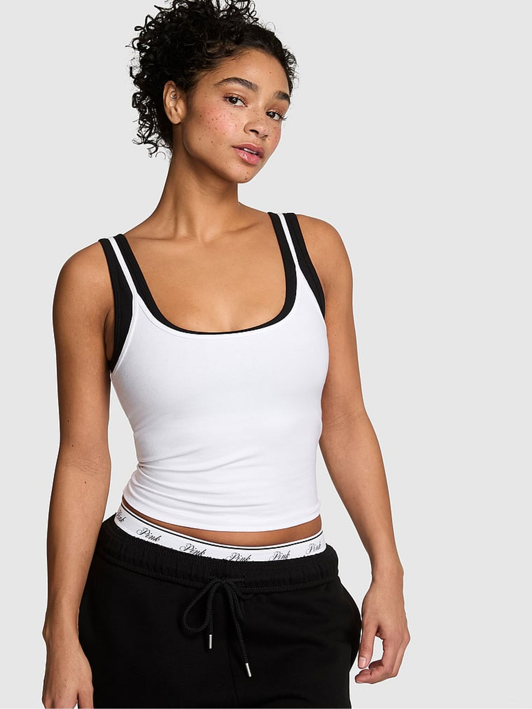 White and Black Cotton Double Layer Tank Top - Image 1 of 2