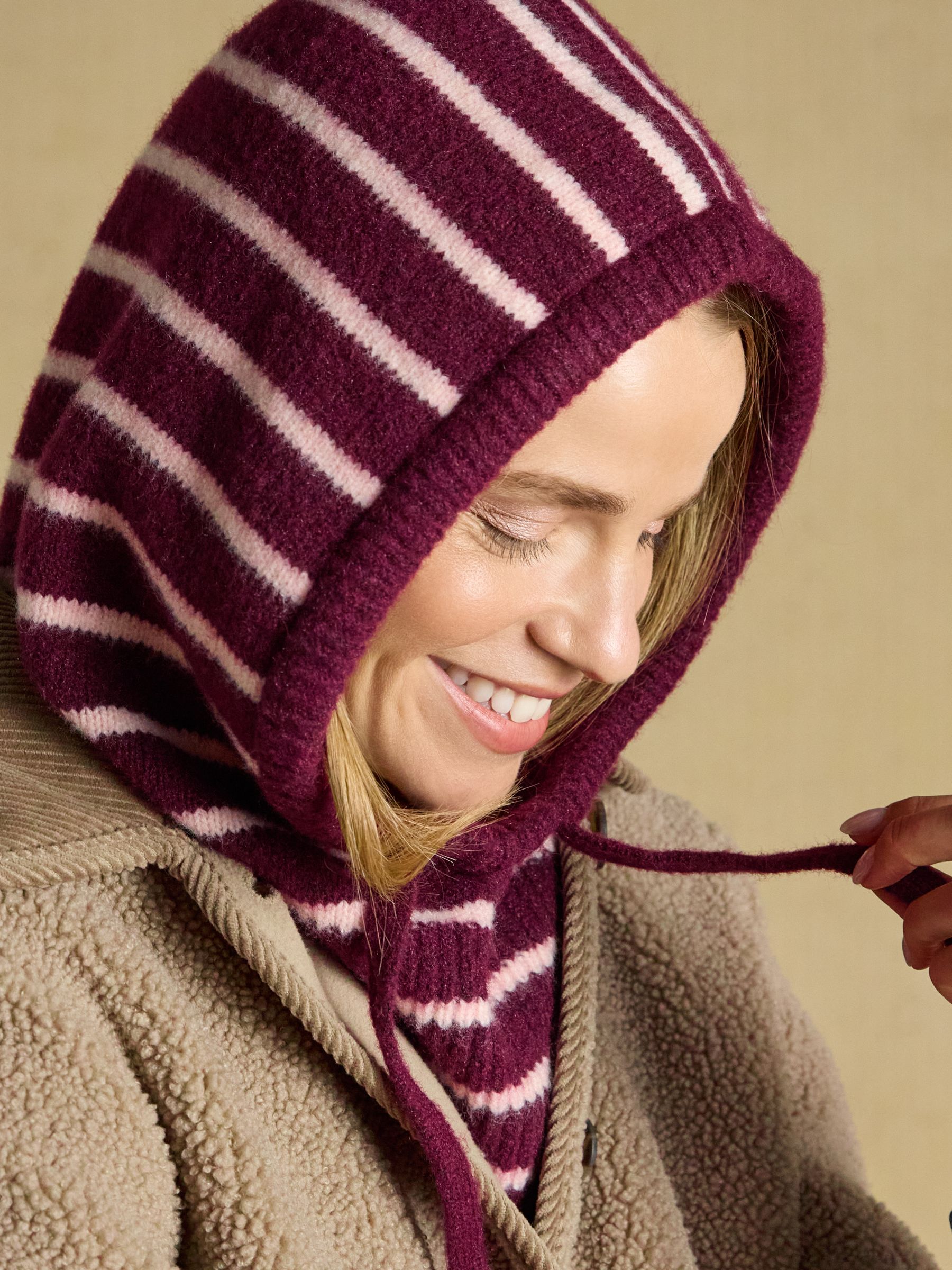 Knitted Berry & Pink Stripe Drawstring Hood - Image 3 of 6