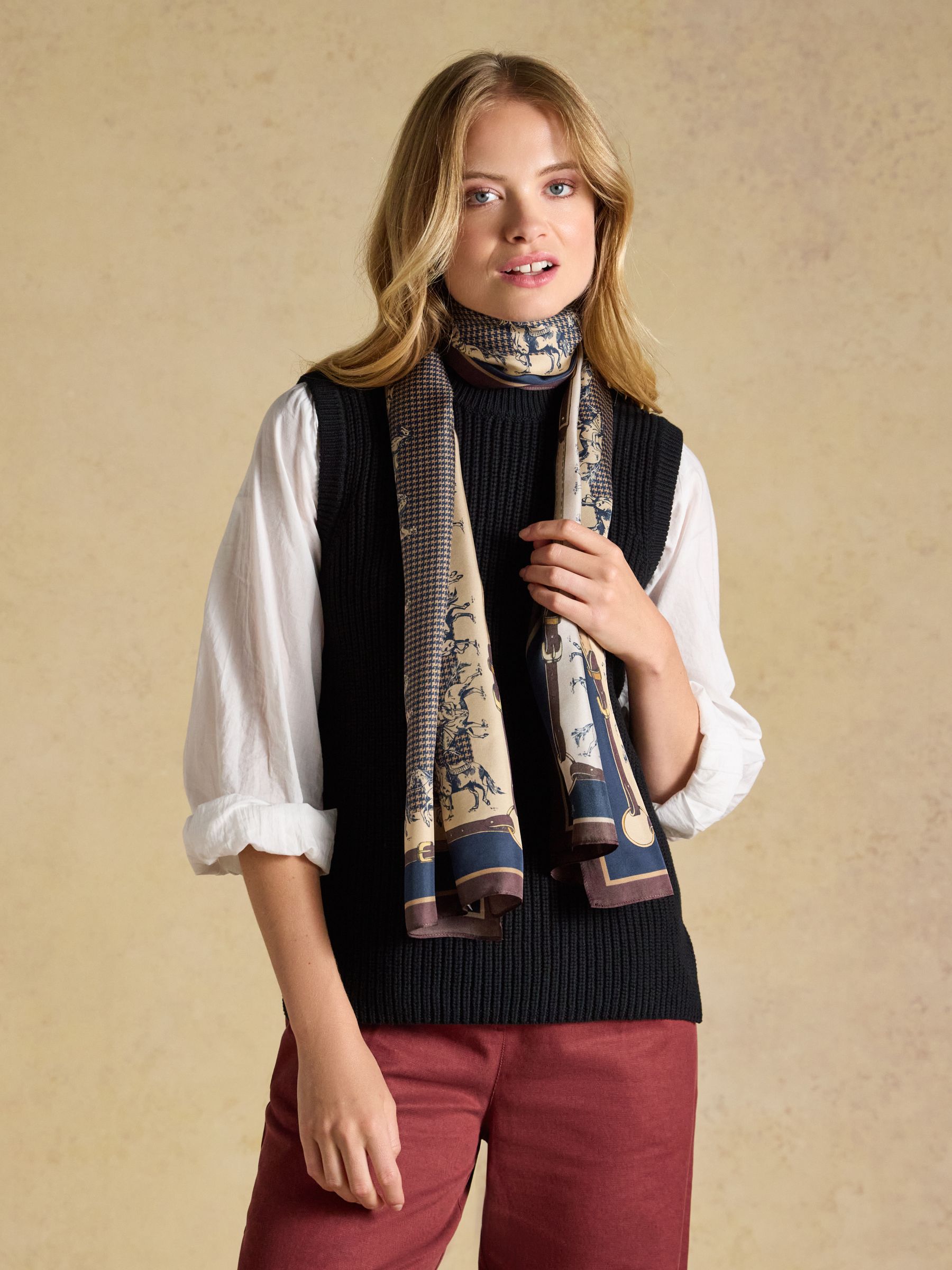 Windsor Navy & Neutral Equestrian 100% Silk Large Rectangle Scarf - Image 2 of 5