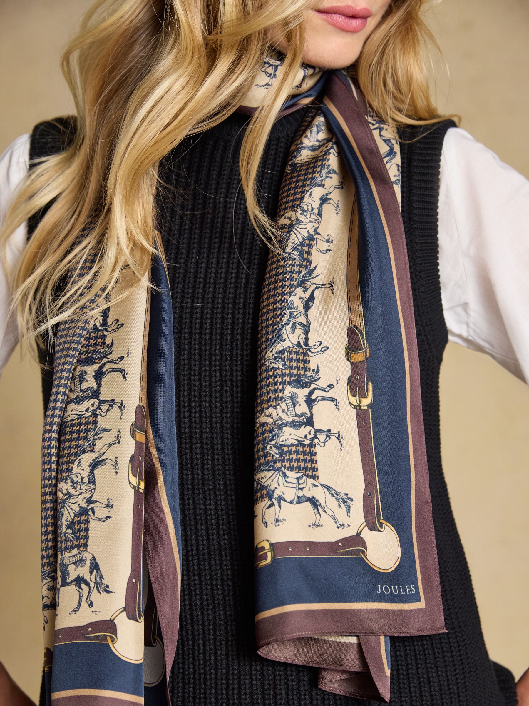 Windsor Navy & Neutral Equestrian 100% Silk Large Rectangle Scarf - Image 3 of 5