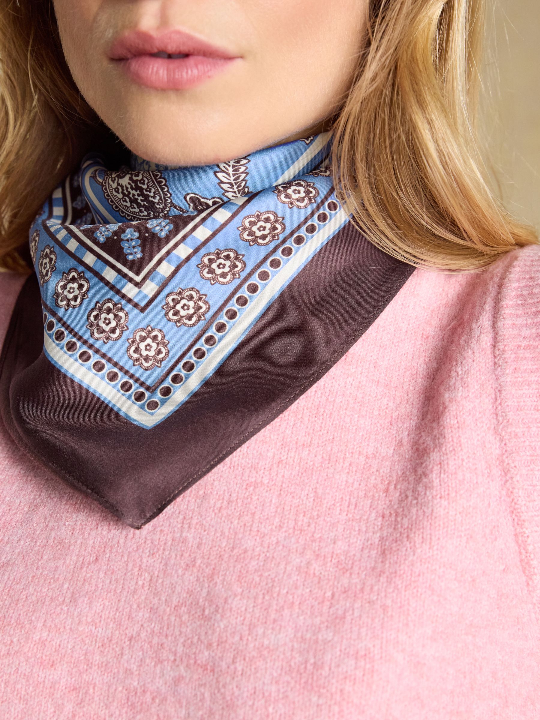 Bloomfield Blue Brown Floral Silk Square Scarf - Image 4 of 6