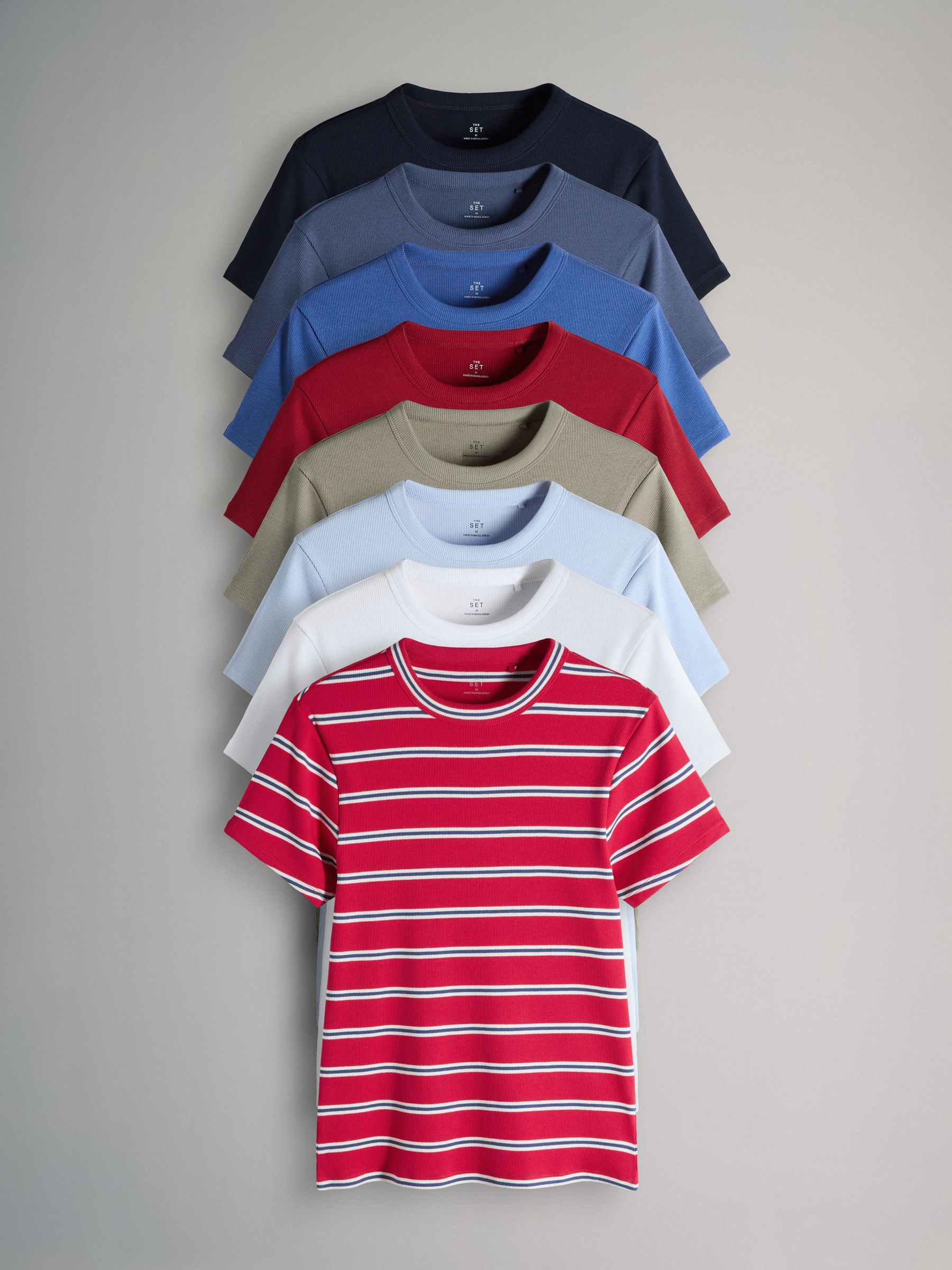 8 Pack Short Sleeve Ribbed T-Shirts Navy/Blue/Red/Light Green/White/Stripe - Image 1 of 6