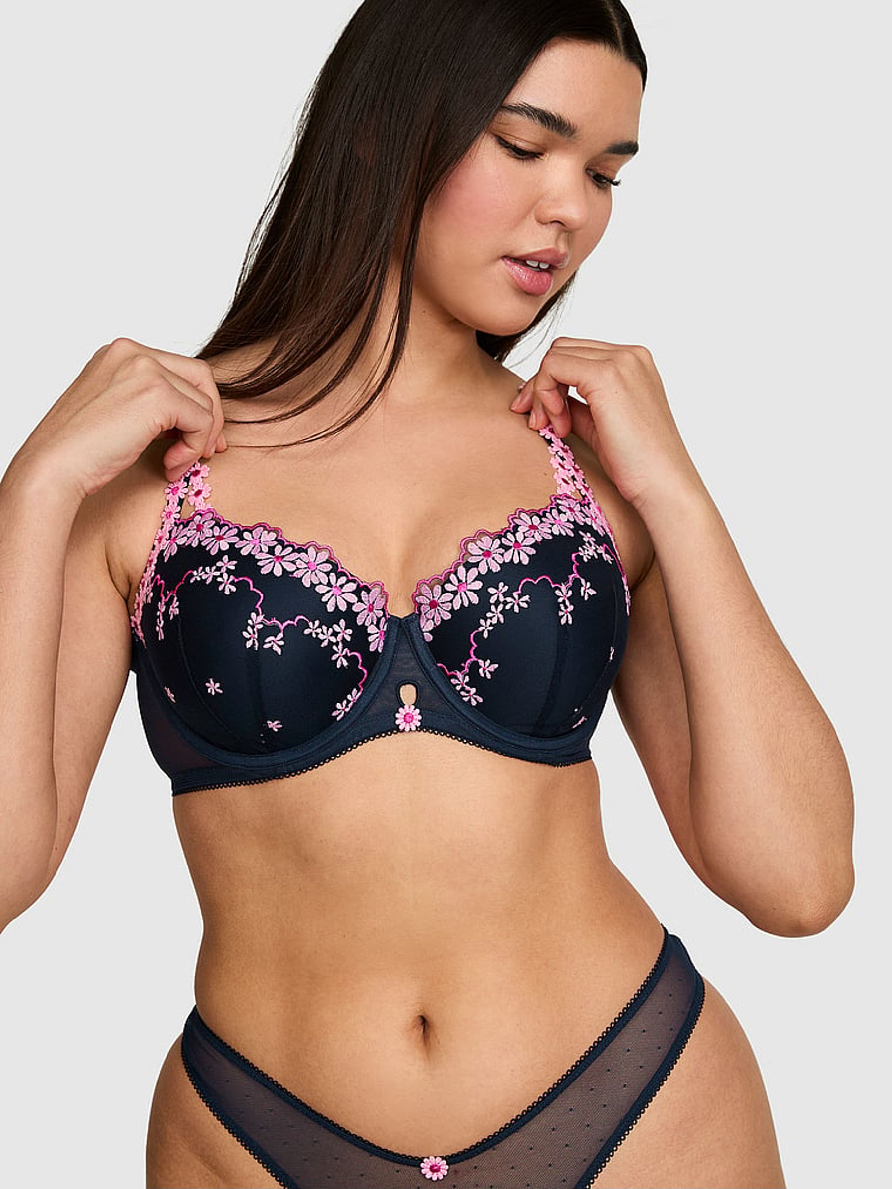 Noir Navy Blue Lightly Lined Balcony Daisy Embroidery Bra - Image 1 of 3