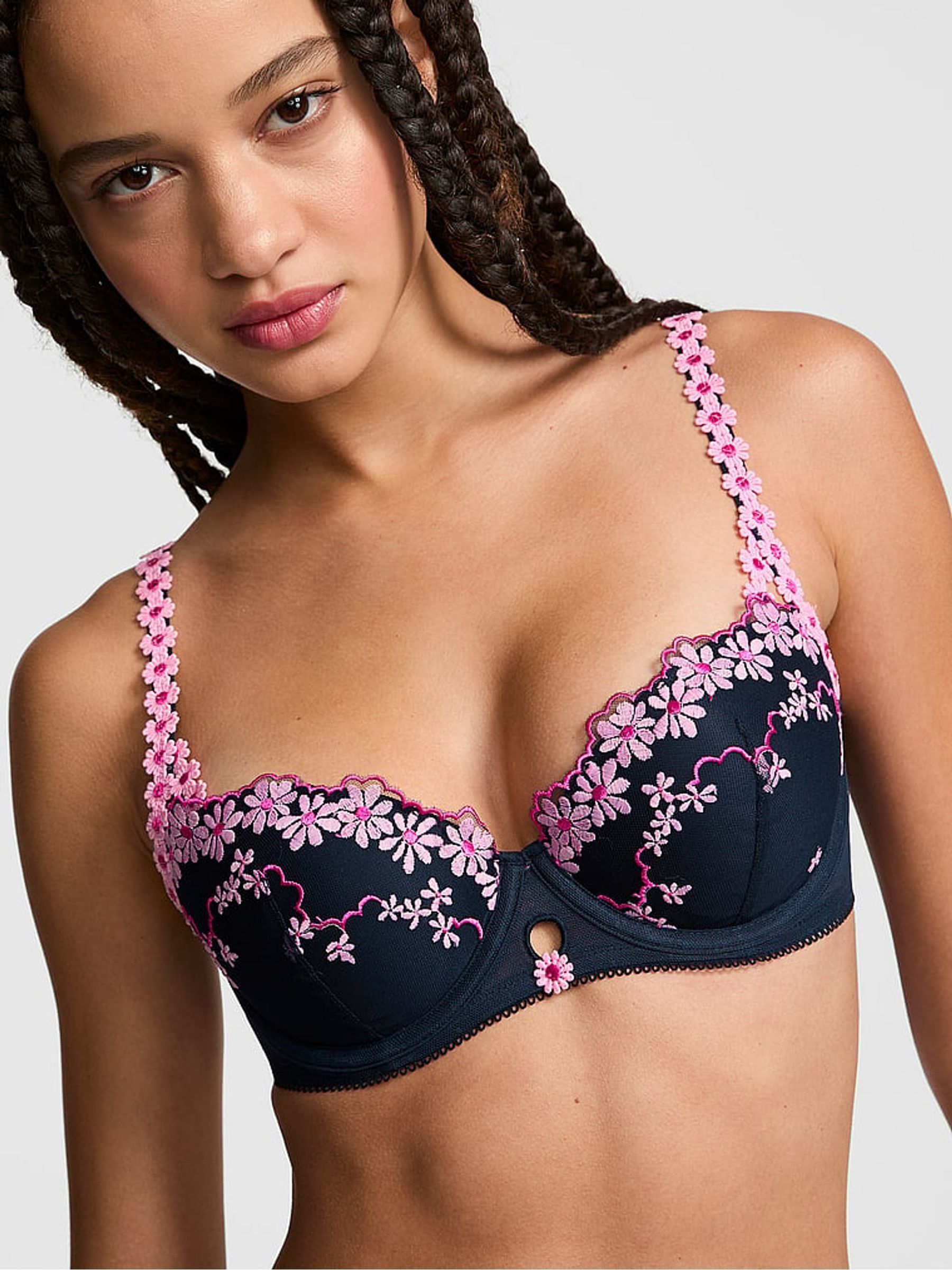 Noir Navy Blue Push Up Daisy Embroidery Bra - Image 1 of 2