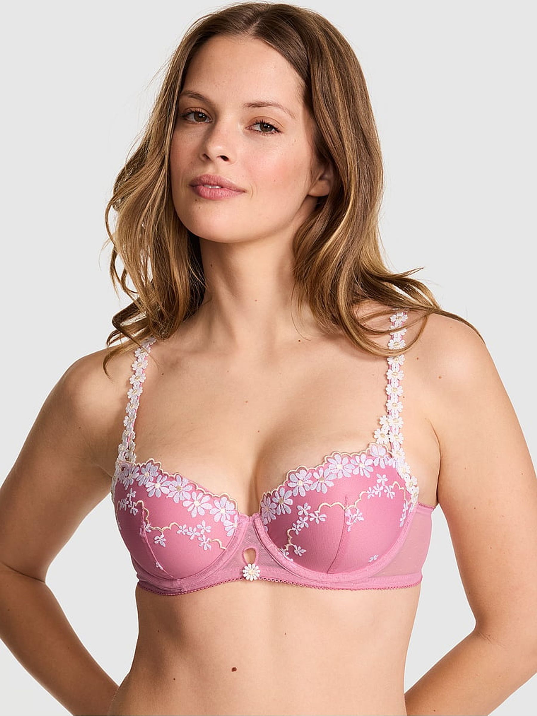 Cashmere Rose Pink Lightly Lined Balcony Daisy Embroidery Bra - Image 1 of 3
