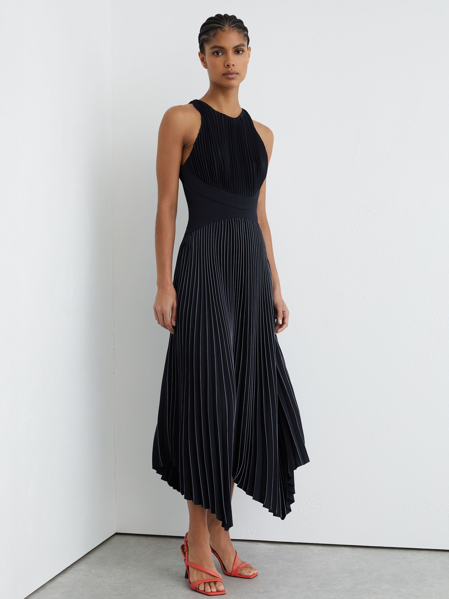 Petite Pleated Sleeveless Midi Dress in Navy - Image 1 of 7