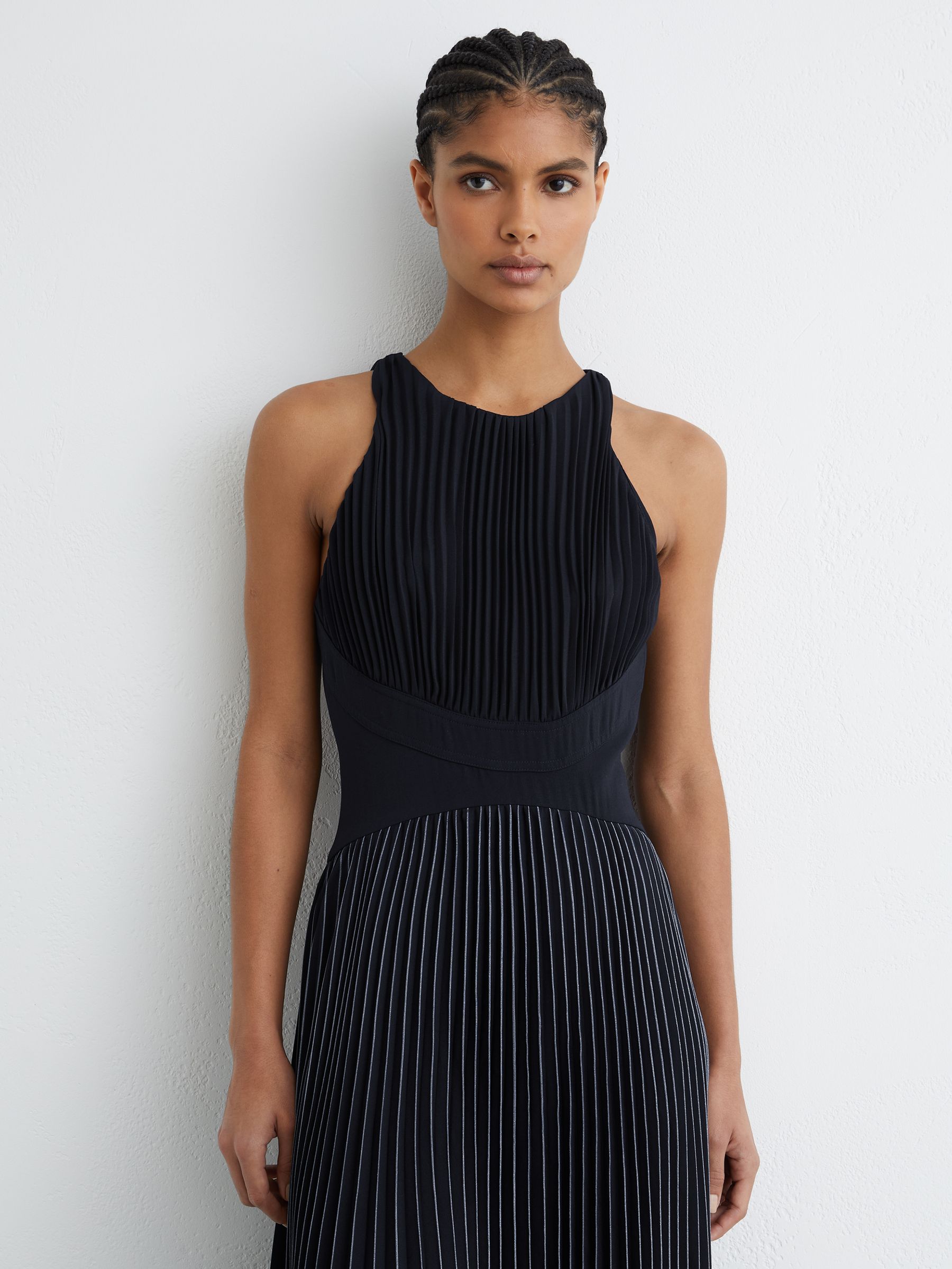 Petite Pleated Sleeveless Midi Dress in Navy - Image 4 of 7