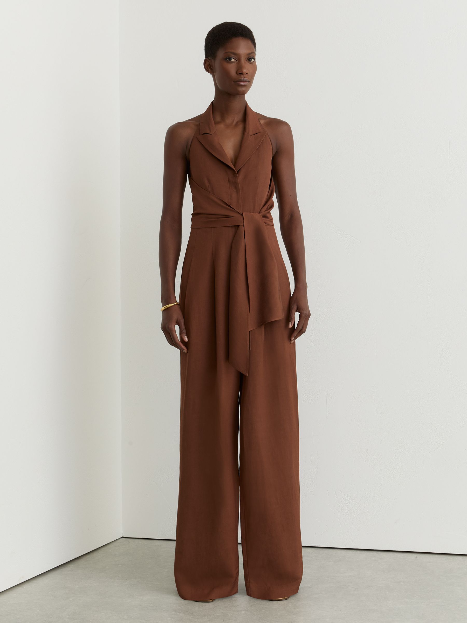 Petite Tie-Front Wide-Leg Jumpsuit with Linen in Rust Orange - image 2