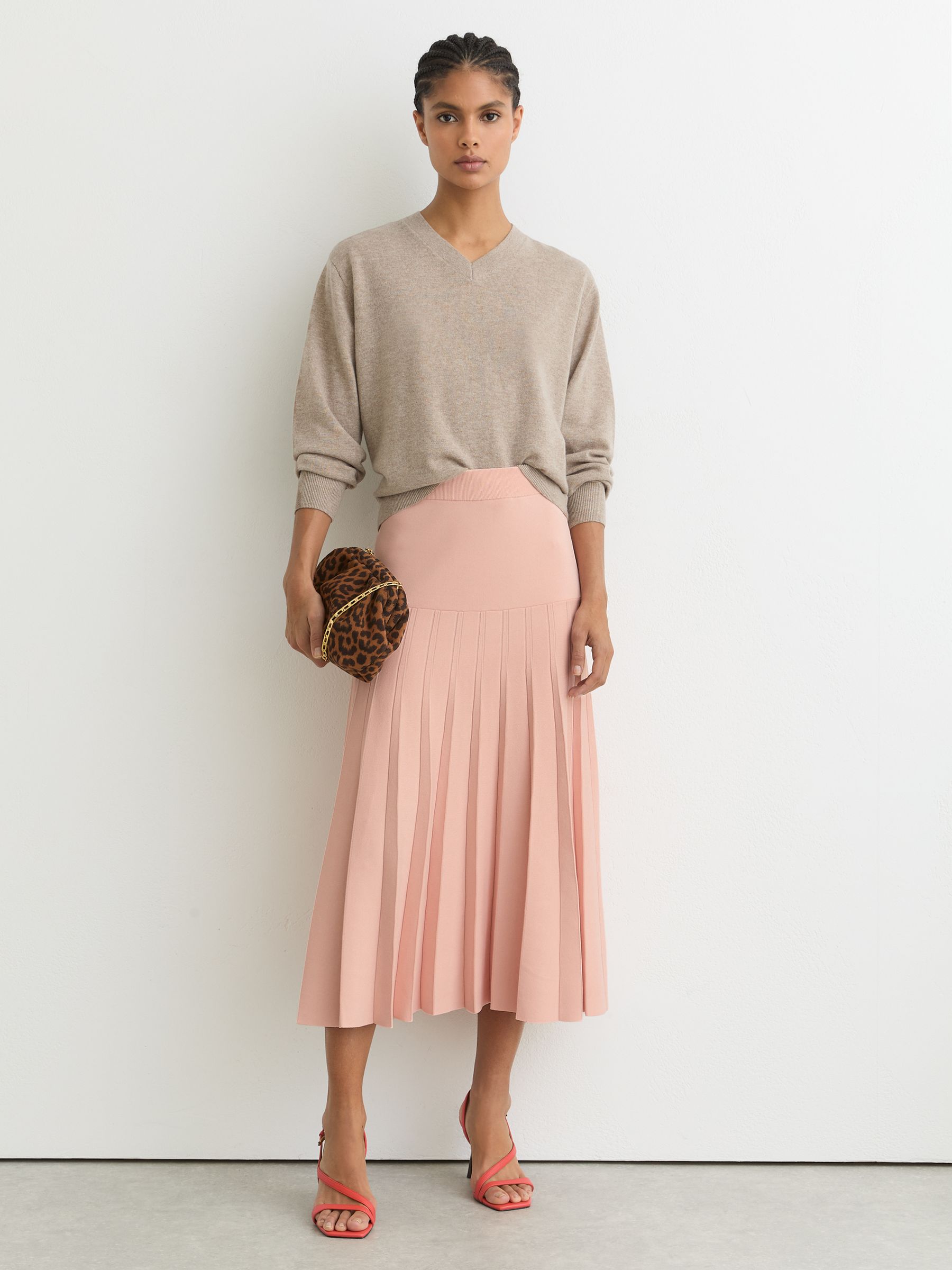 Knitted Stripe Pleated Midi Skirt in Pink - image 2