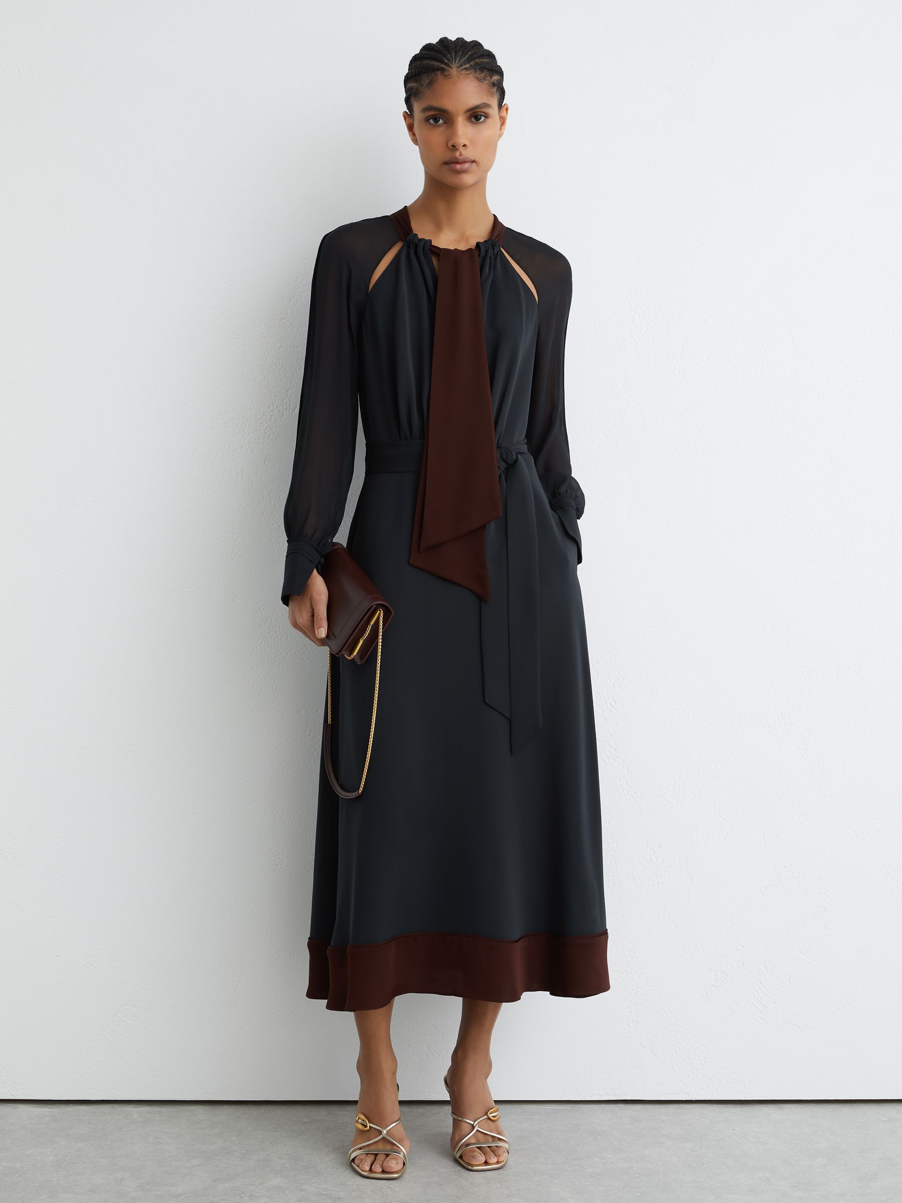 Tie-Neck Belted Midi Dress in Navy/Burgundy - Image 1 of 7