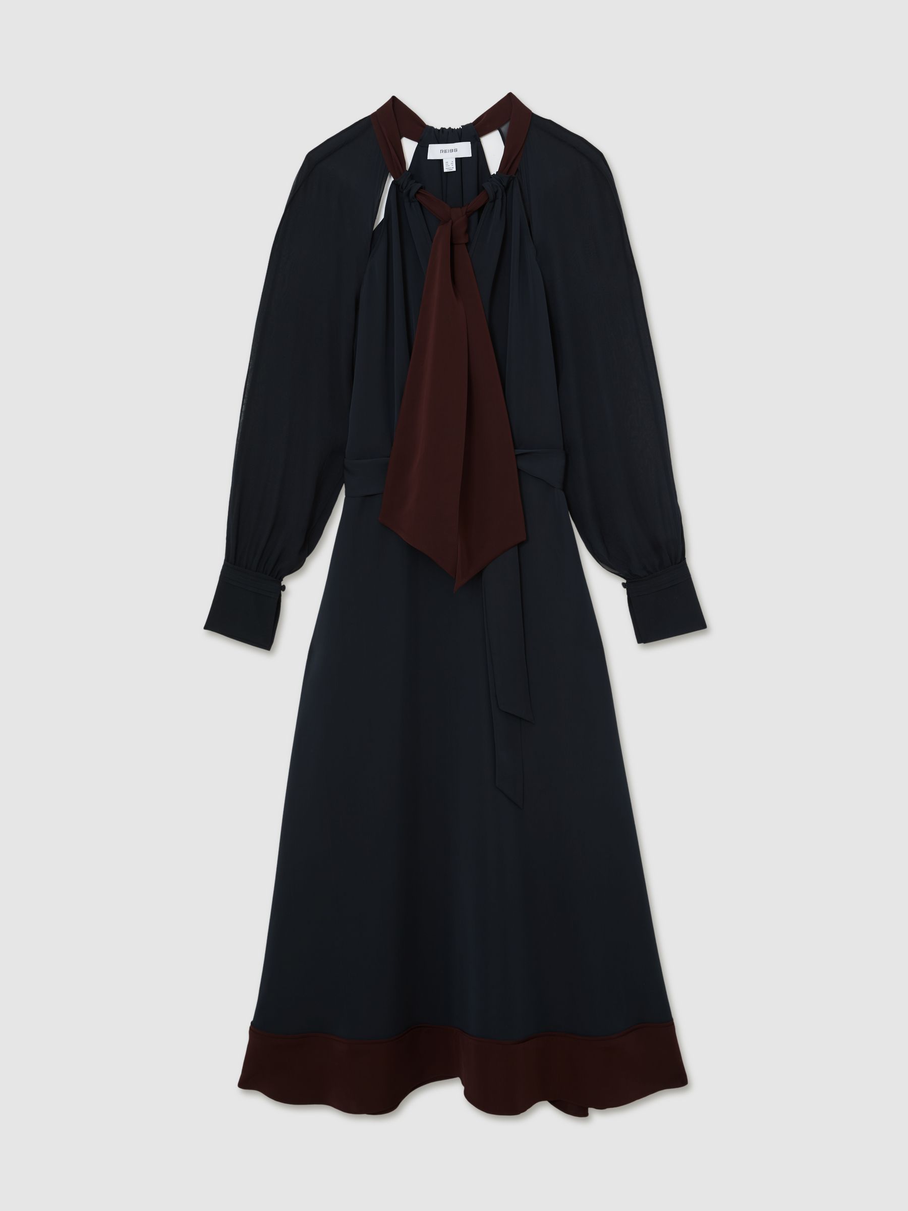 Tie-Neck Belted Midi Dress in Navy/Burgundy - Image 2 of 7