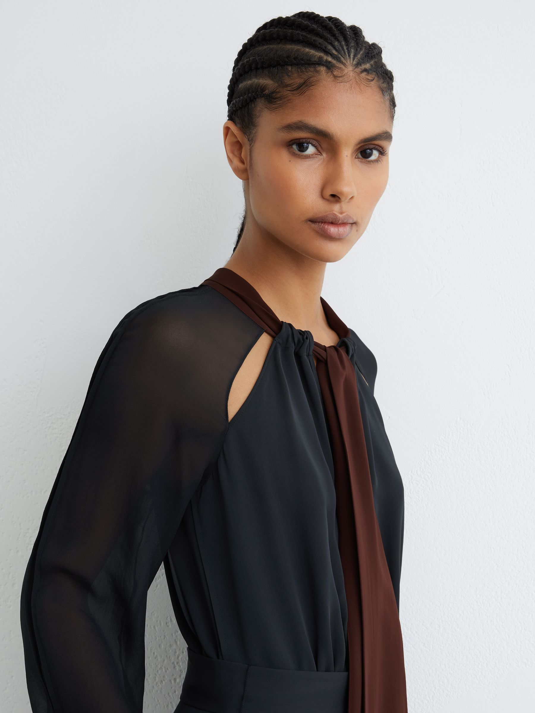 Tie-Neck Belted Midi Dress in Navy/Burgundy - Image 3 of 7