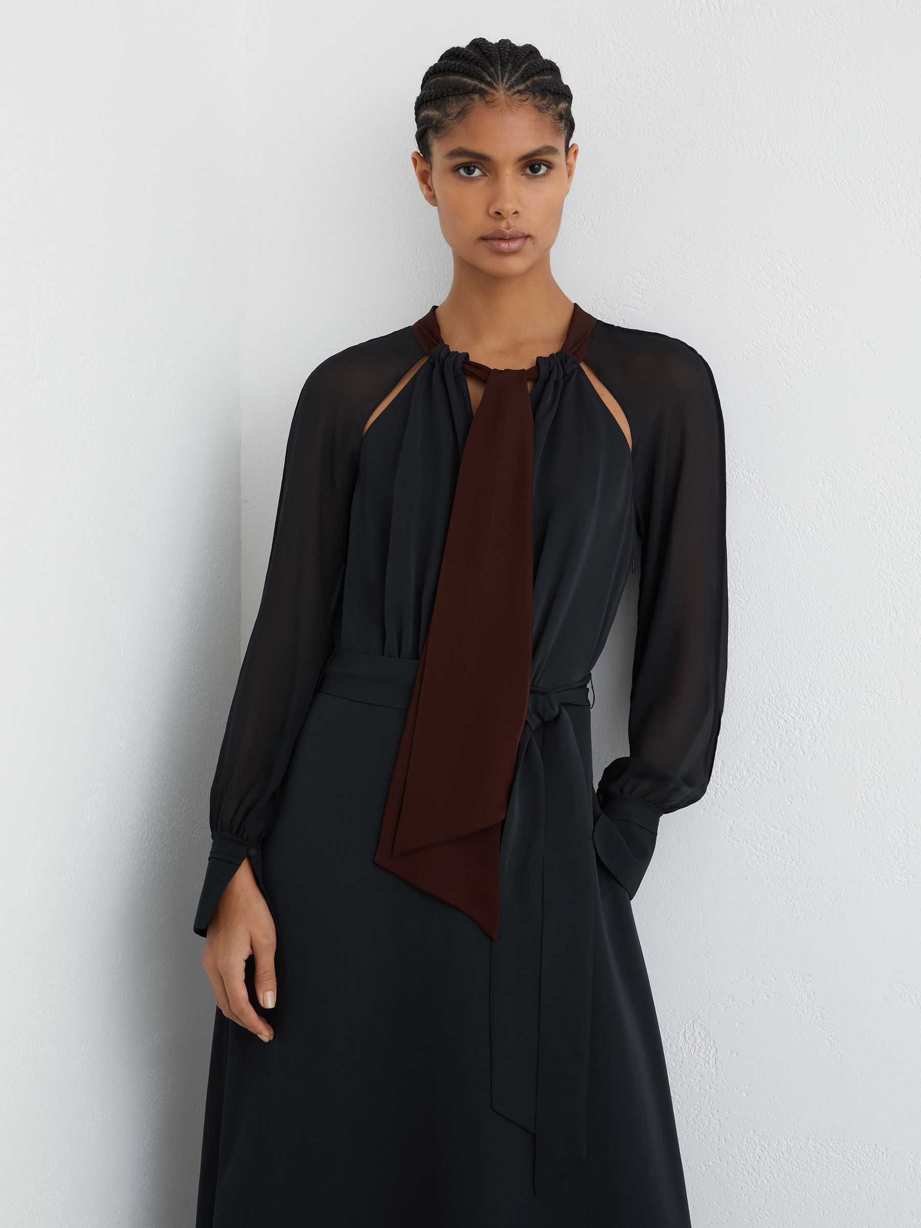 Tie-Neck Belted Midi Dress in Navy/Burgundy - Image 4 of 7