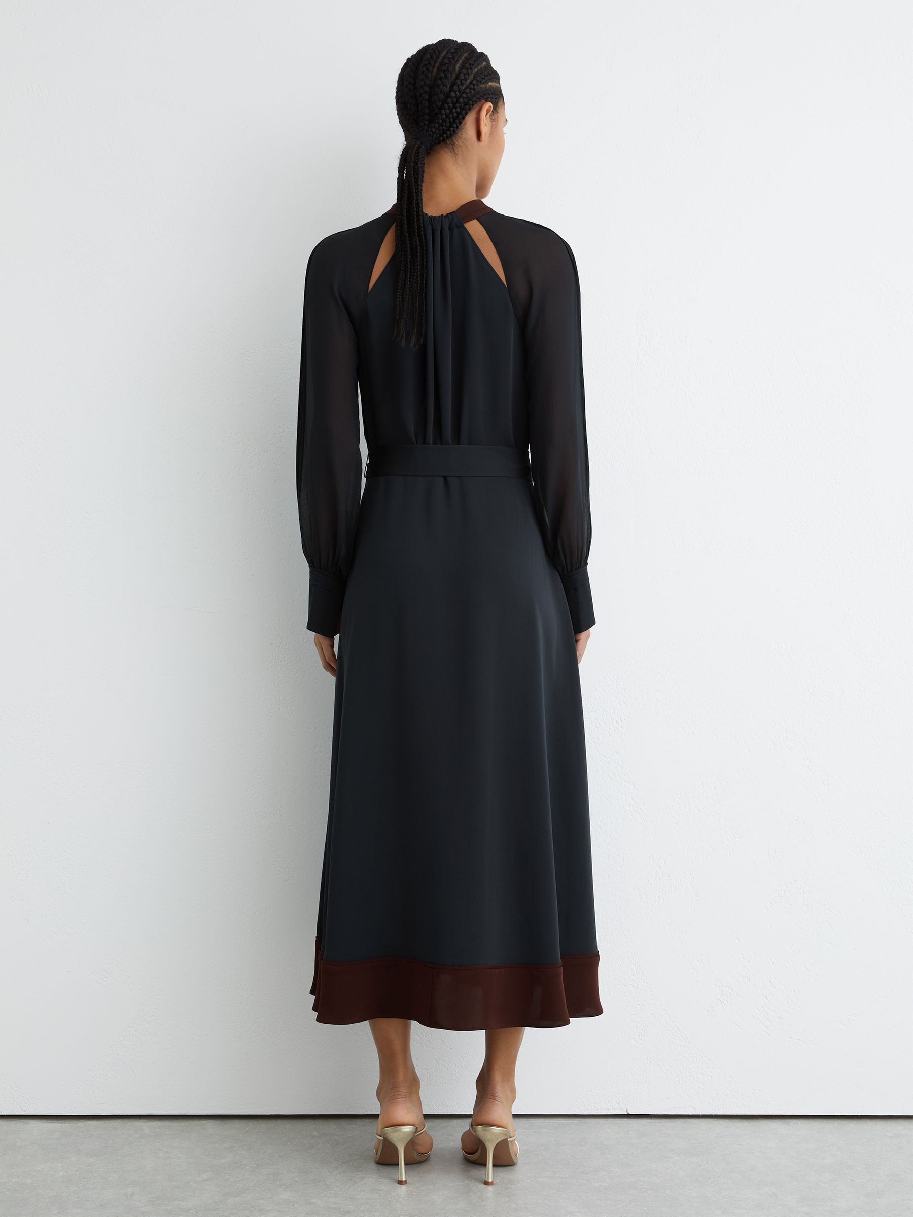 Tie-Neck Belted Midi Dress in Navy/Burgundy - image 5