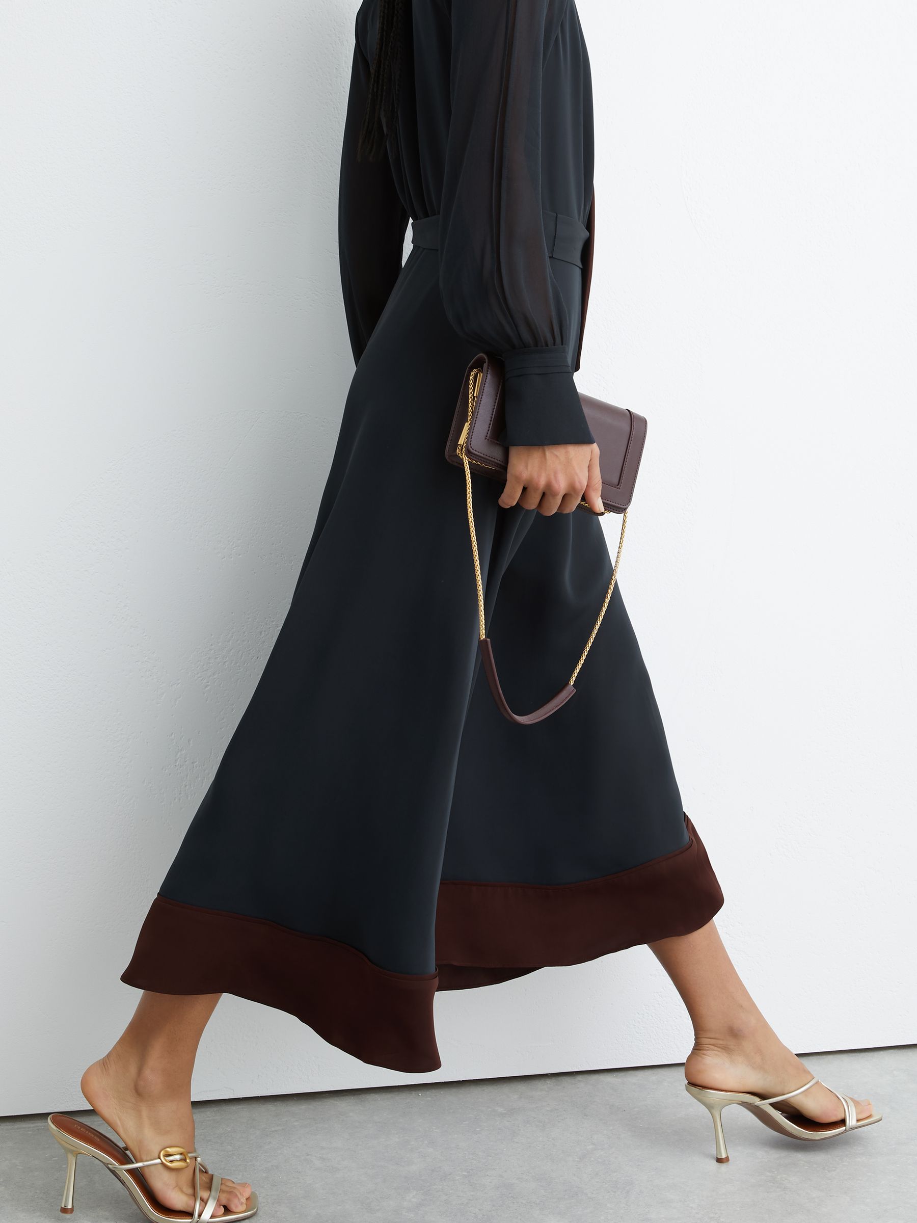 Tie-Neck Belted Midi Dress in Navy/Burgundy - image 3