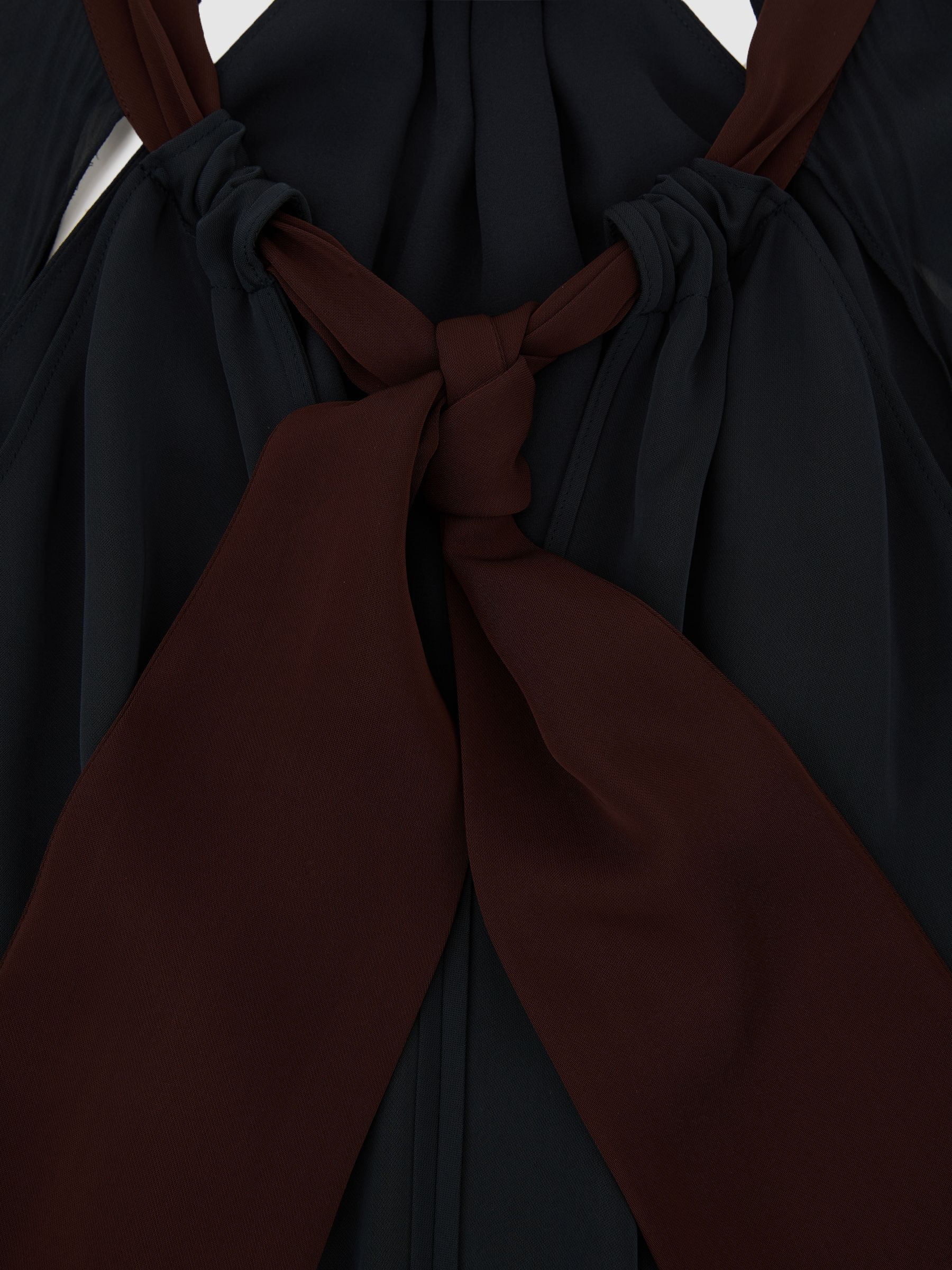 Tie-Neck Belted Midi Dress in Navy/Burgundy - Image 7 of 7