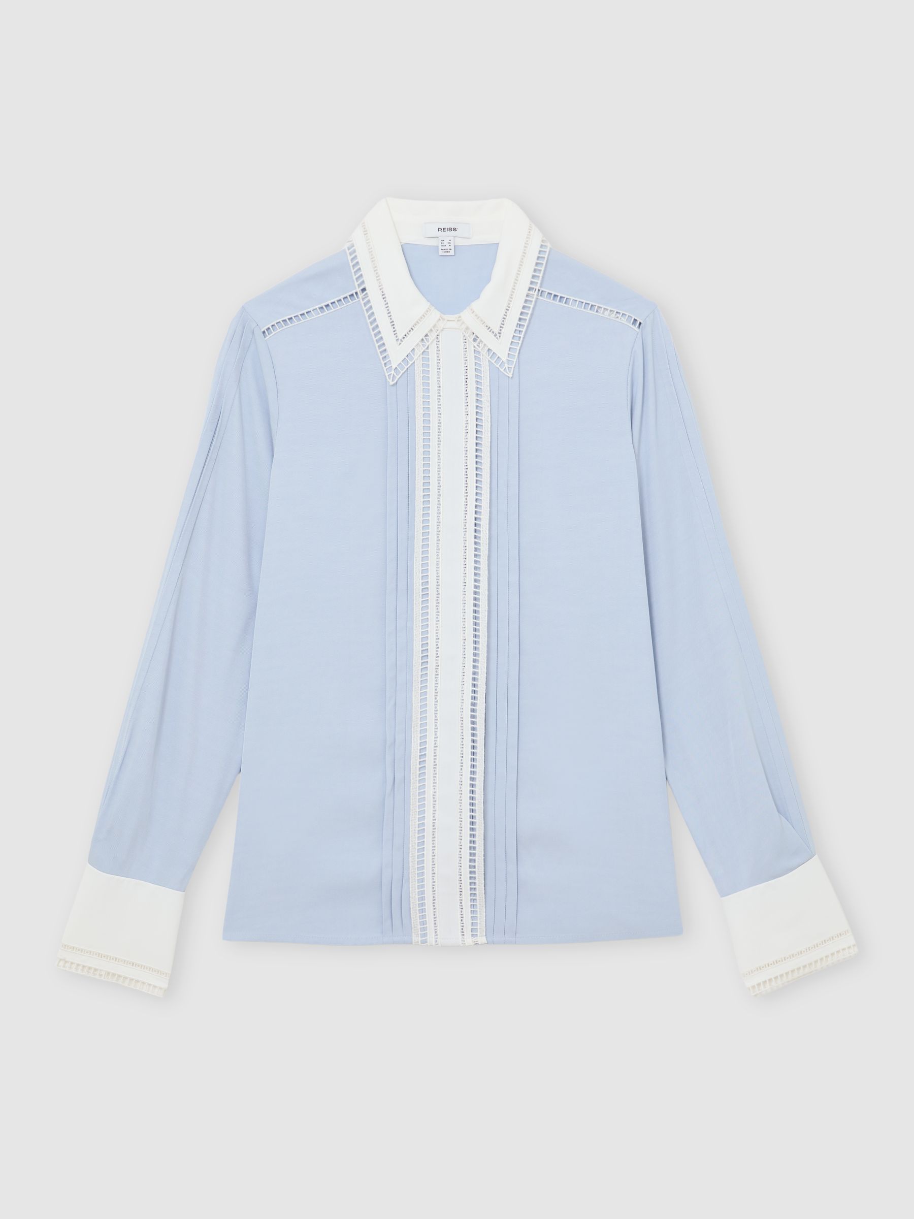 Lace-Trim Tipped Long-Sleeve Shirt in Blue/Ivory - Image 2 of 7