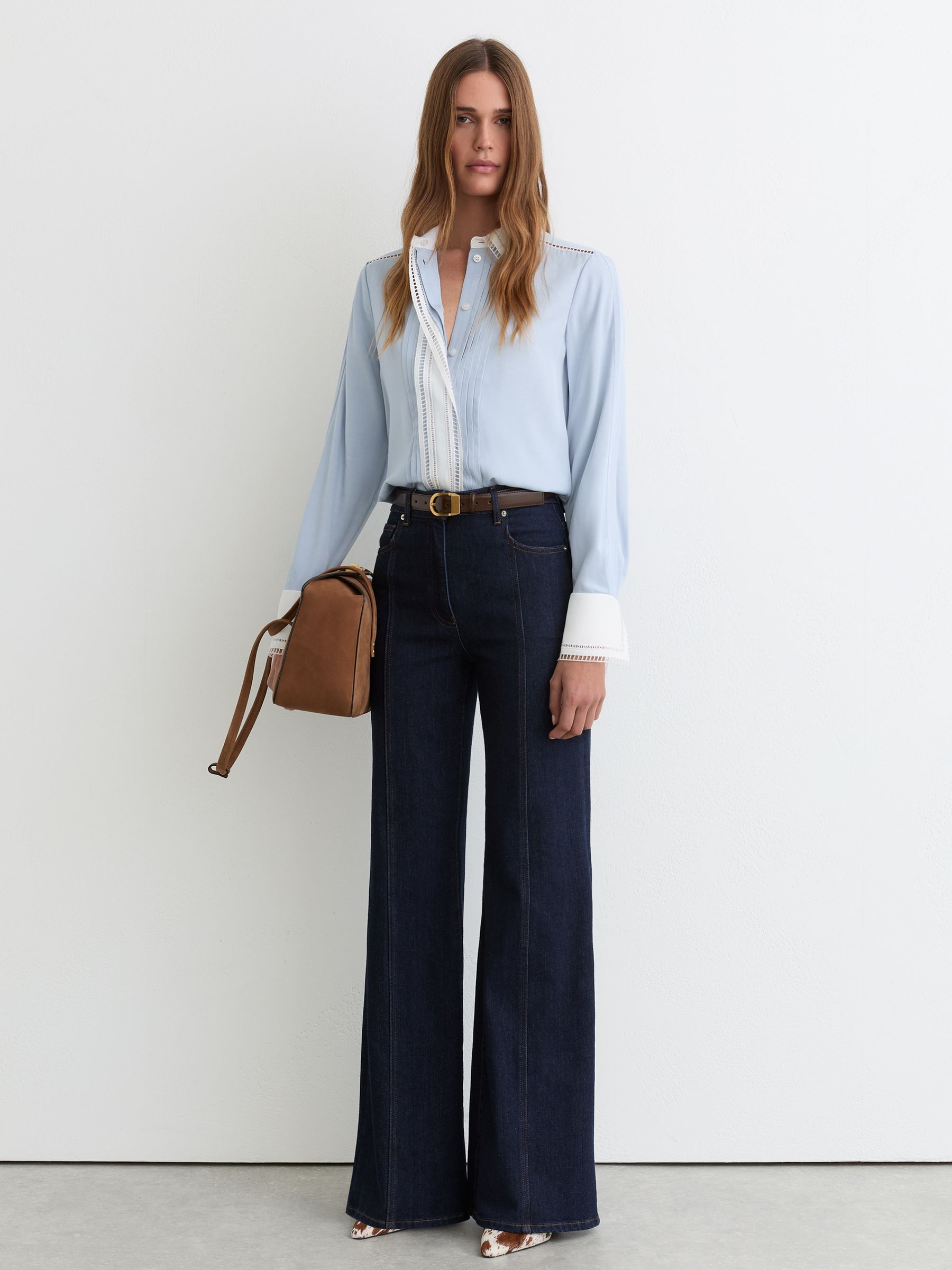 Reiss Lace-Trim Tipped Long-Sleeve Shirt in Blue/Ivory | REISS