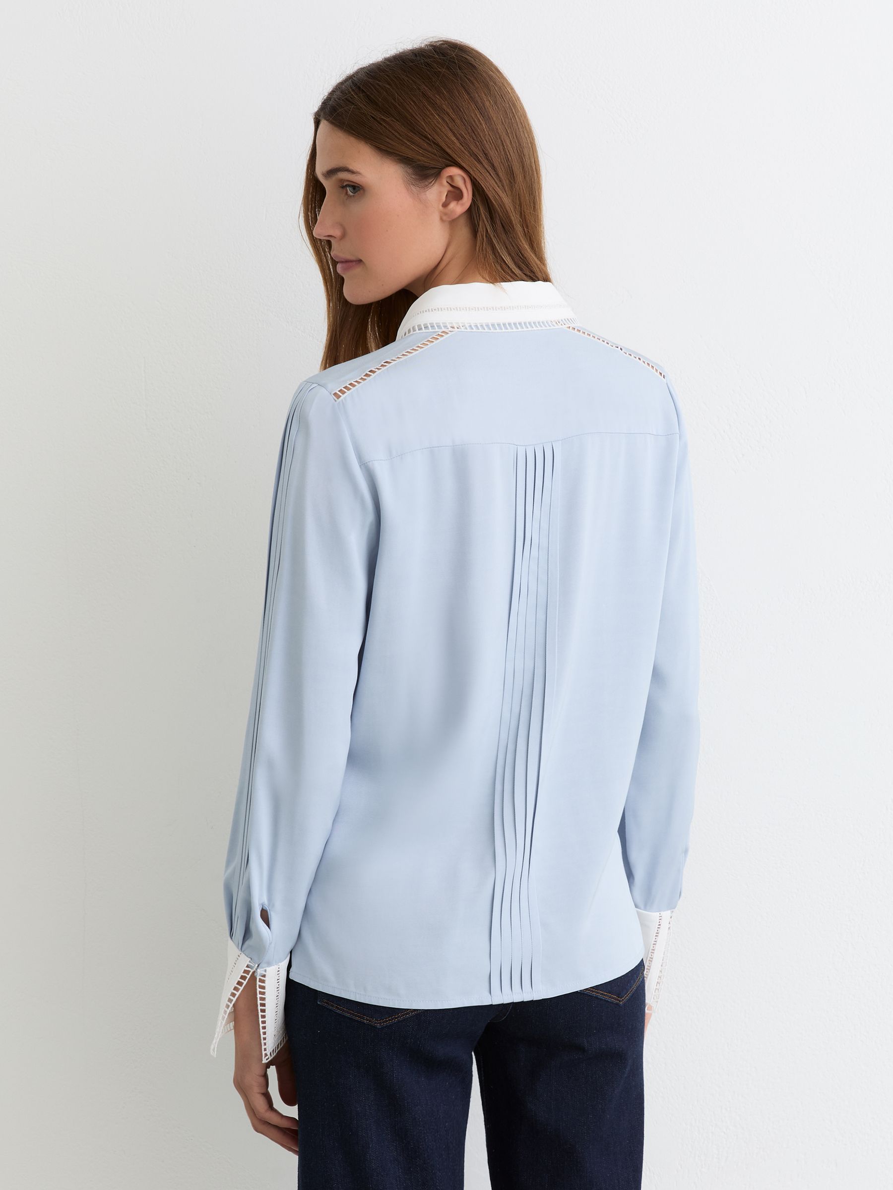 Lace-Trim Tipped Long-Sleeve Shirt in Blue/Ivory - Image 6 of 7