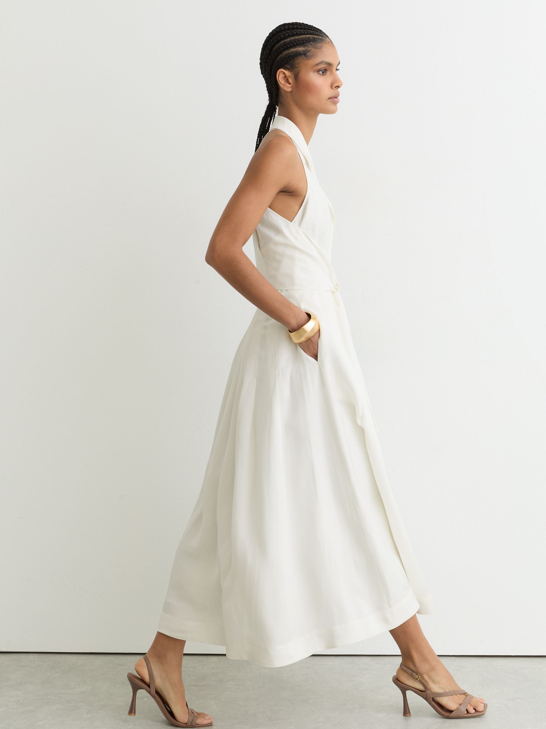 Petite Halterneck Belted Midi Dress with Linen in Ivory