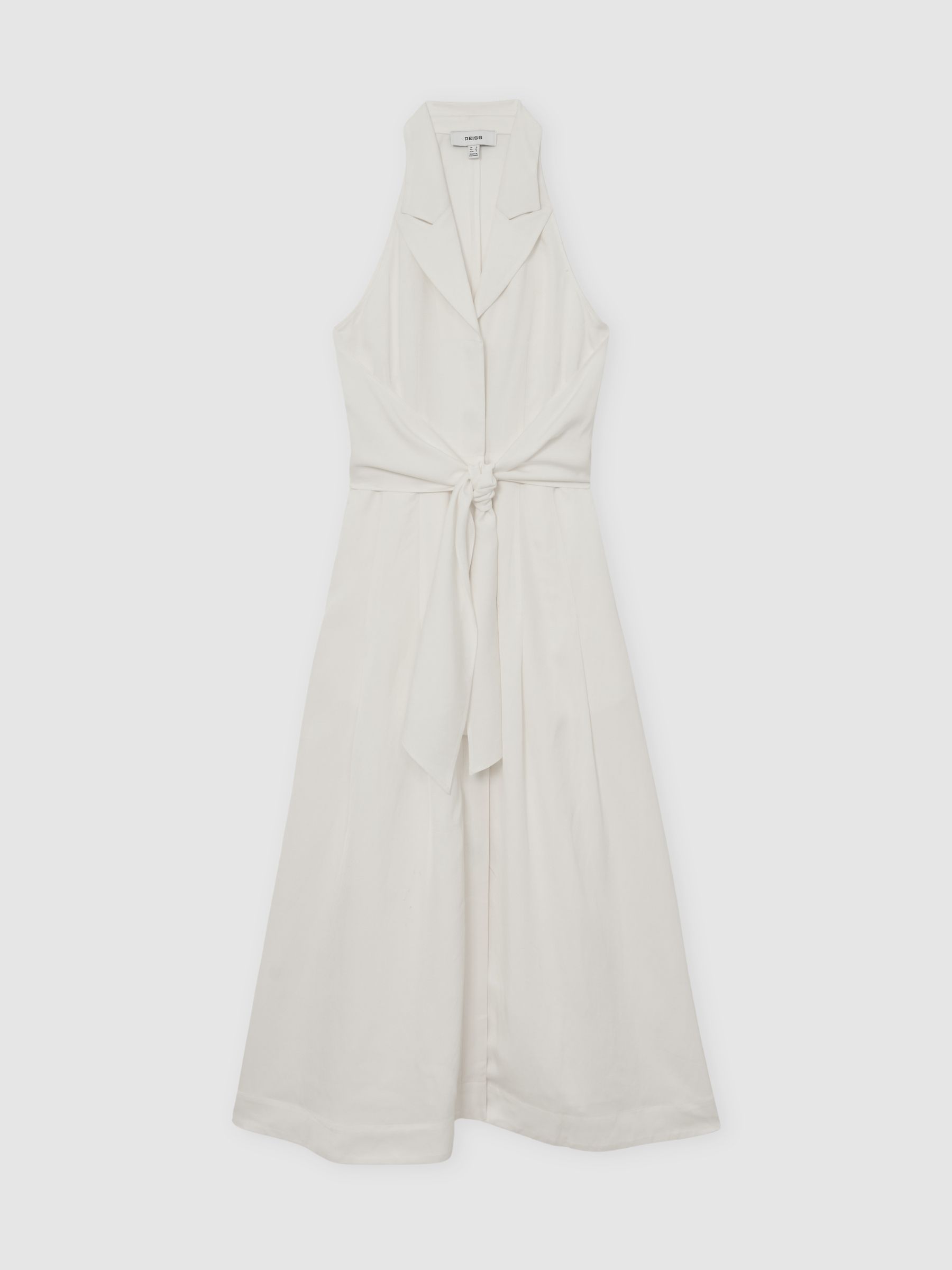 Petite Halterneck Belted Midi Dress with Linen in Ivory - Image 2 of 8