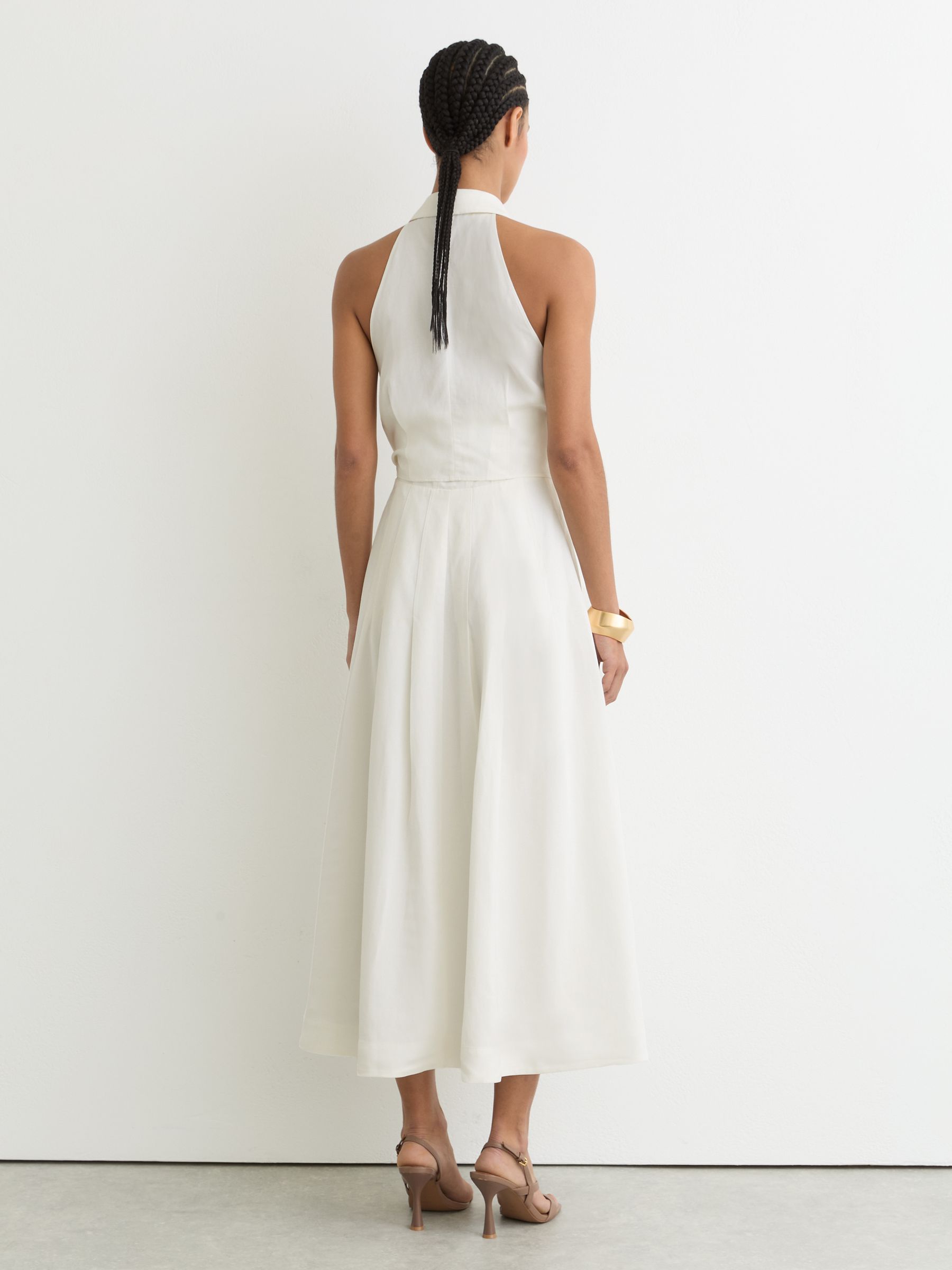 Petite Halterneck Belted Midi Dress with Linen in Ivory - Image 6 of 8