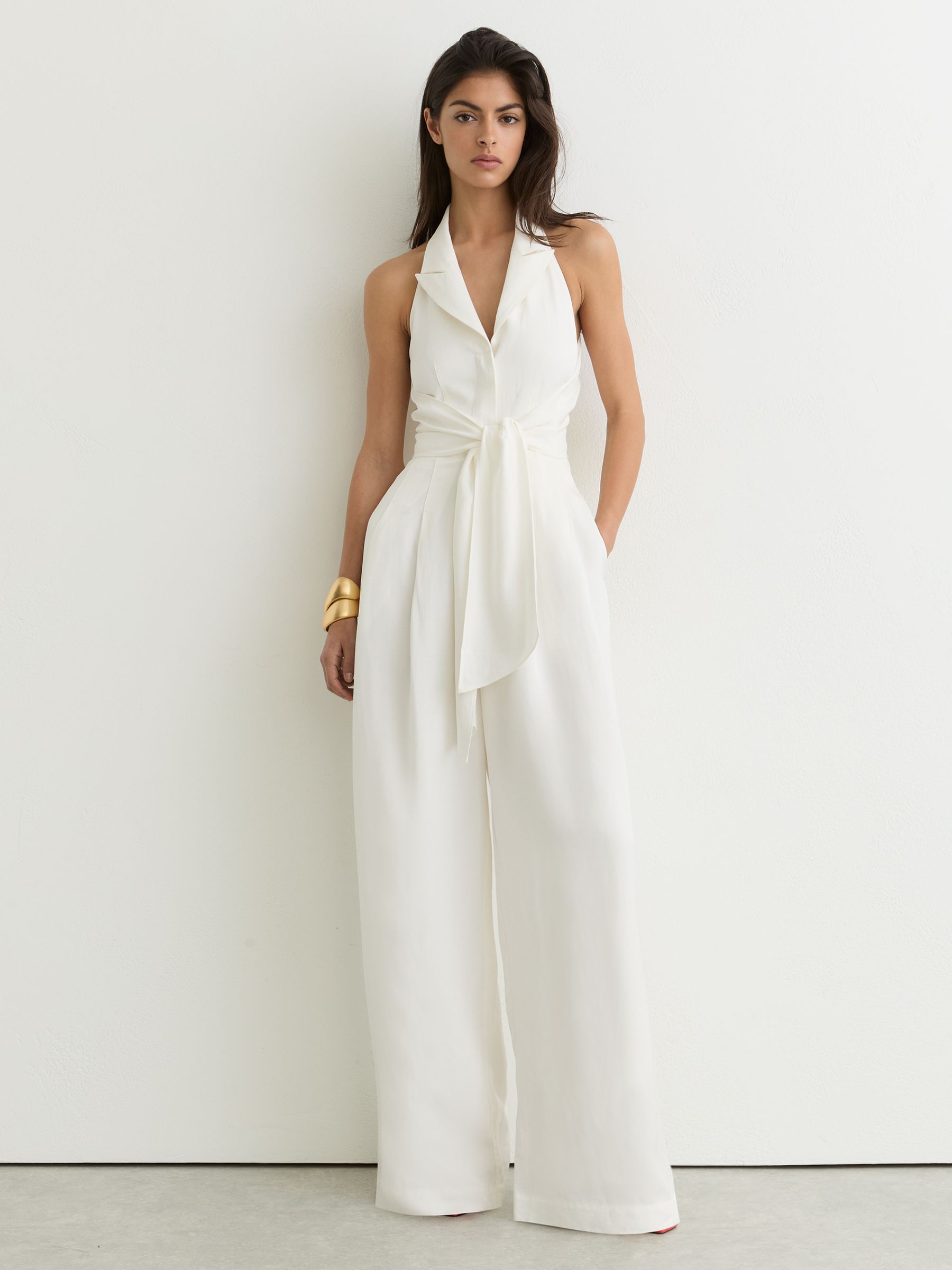 Petite Tie-Front Wide-Leg Jumpsuit with Linen in Ivory - Image 1 of 8