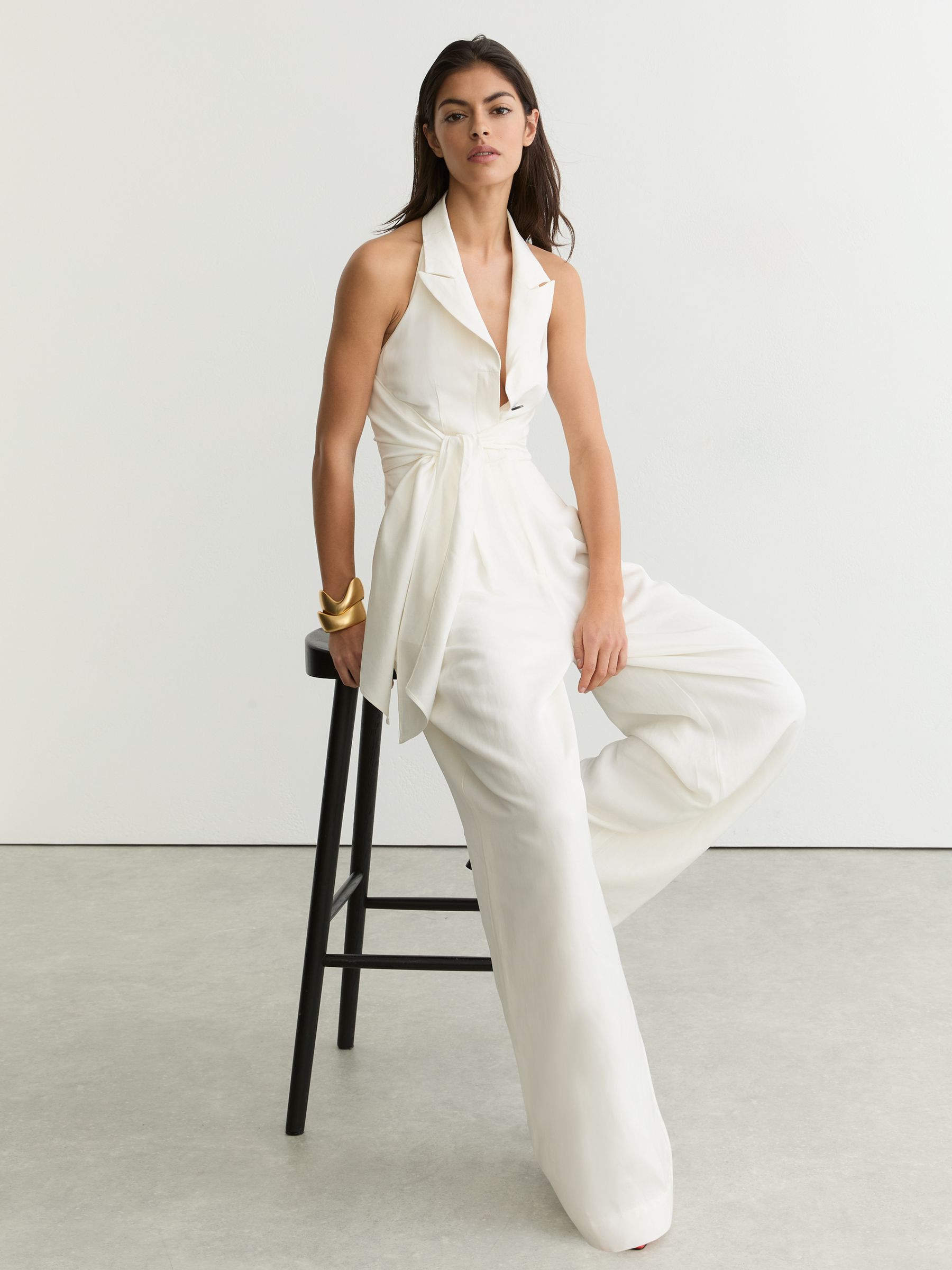 Petite Tie-Front Wide-Leg Jumpsuit with Linen in Ivory - Image 3 of 8