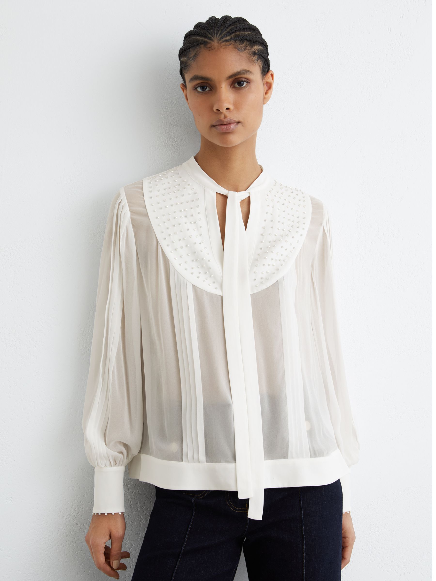 Georgette Tie-Neck Beaded Blouse in Ivory - image 5