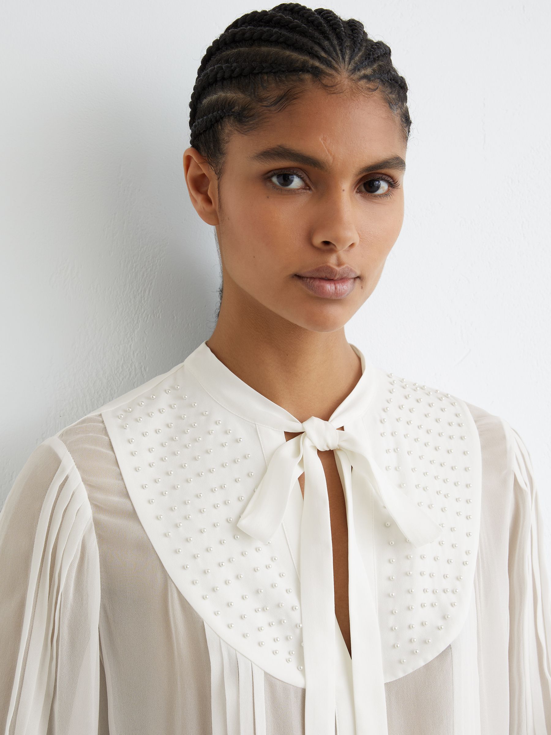 Georgette Tie-Neck Beaded Blouse in Ivory - image 4