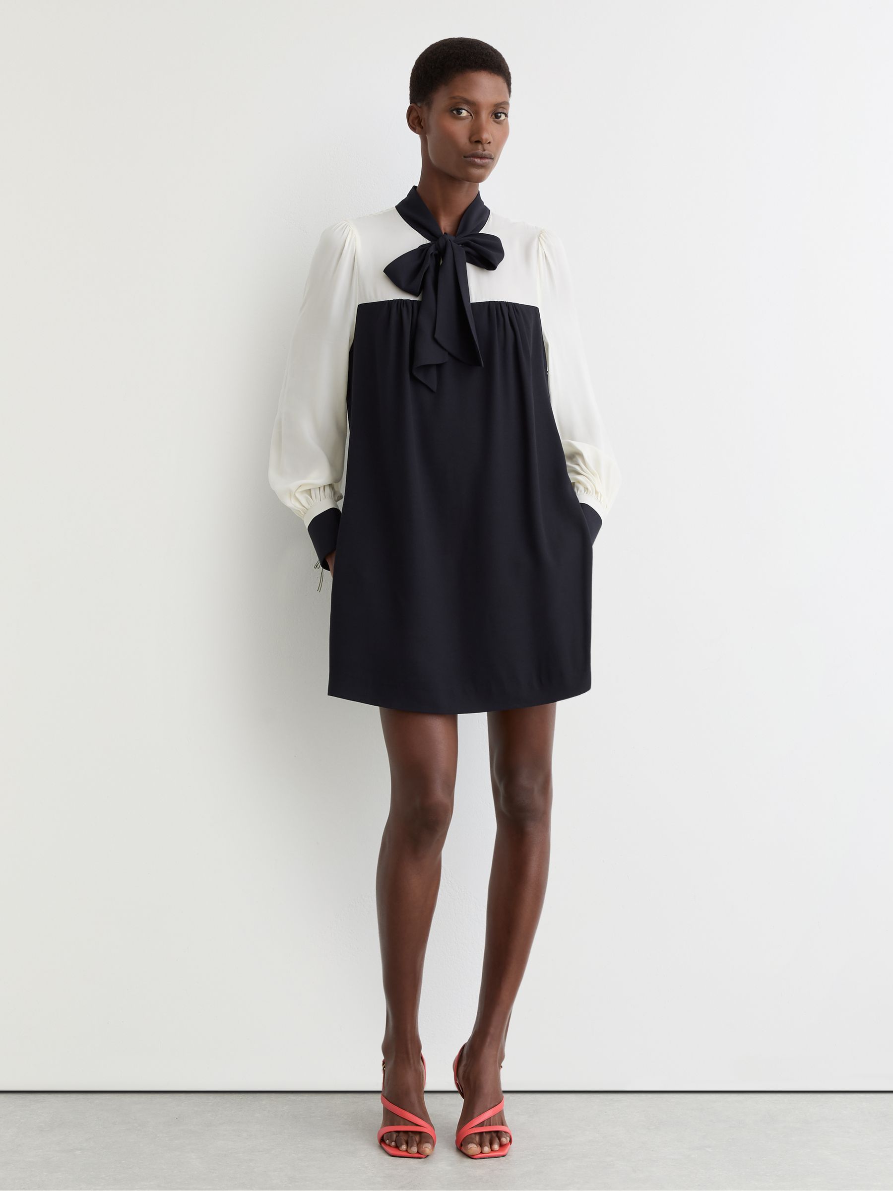 Tie-Neck Contrast Shift Dress with Wool in Navy/Ivory - Image 1 of 7