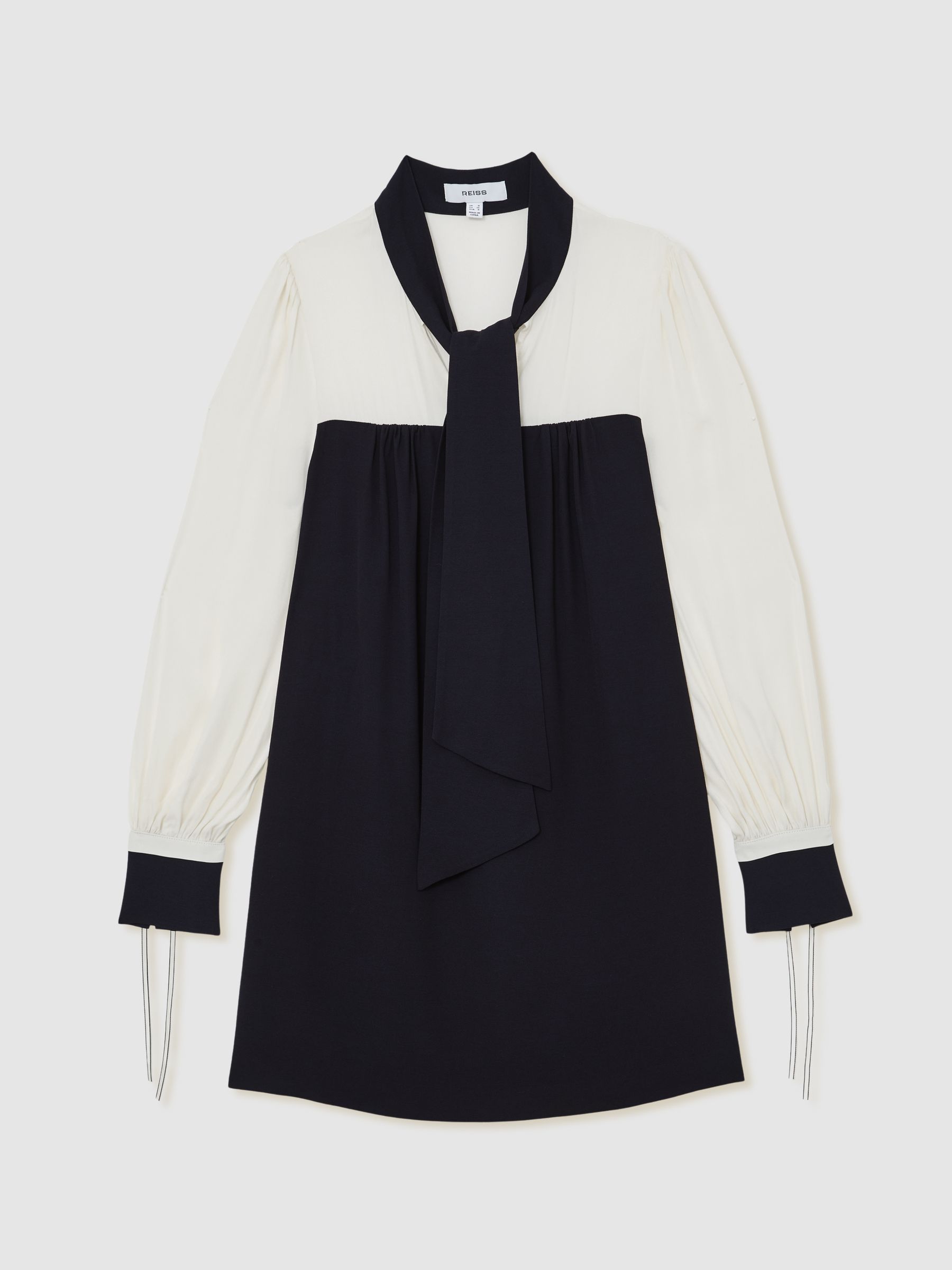Tie-Neck Contrast Shift Dress in Navy/Ivory