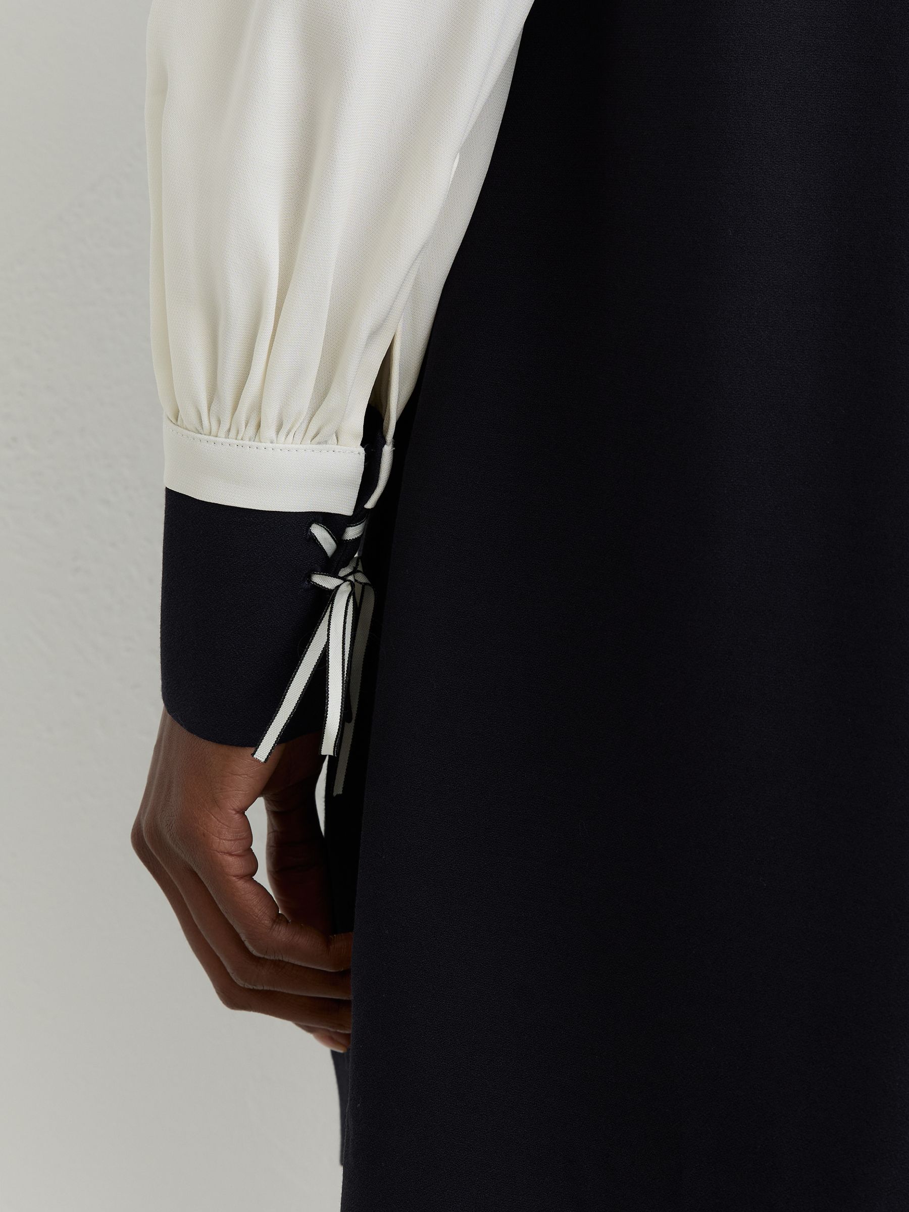 Tie-Neck Contrast Shift Dress with Wool in Navy/Ivory - Image 5 of 7