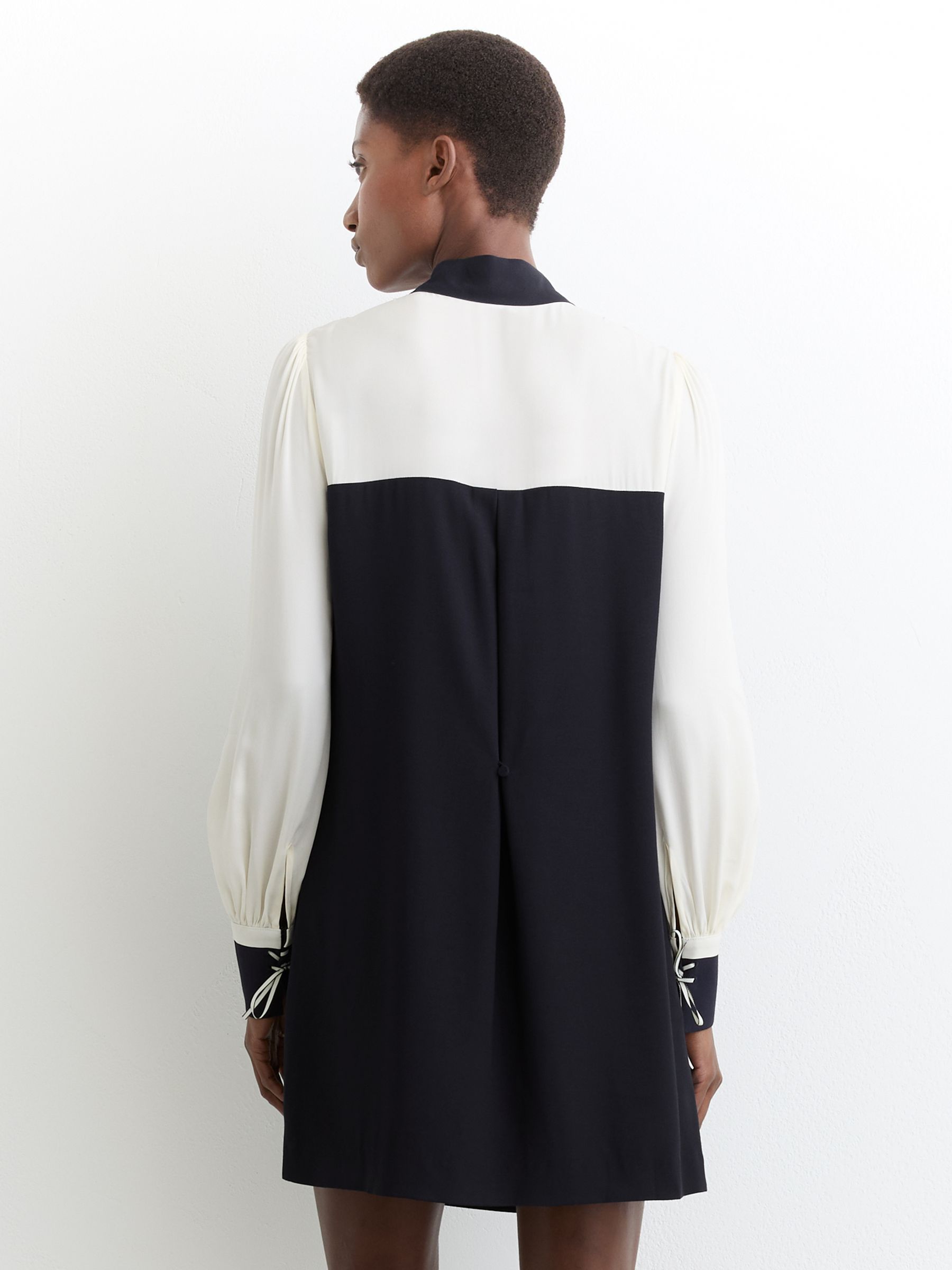 Tie-Neck Contrast Shift Dress in Navy/Ivory - image 3