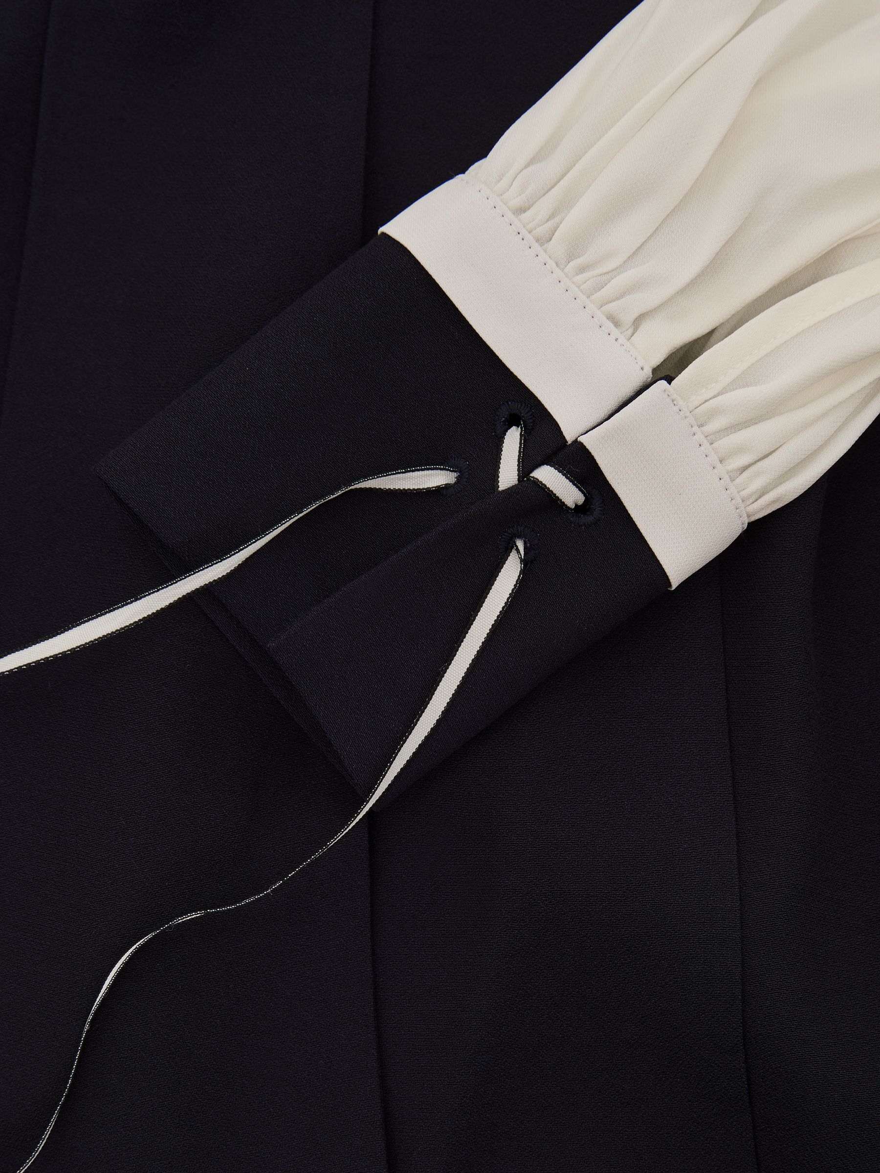 Tie-Neck Contrast Shift Dress with Wool in Navy/Ivory - Image 7 of 7