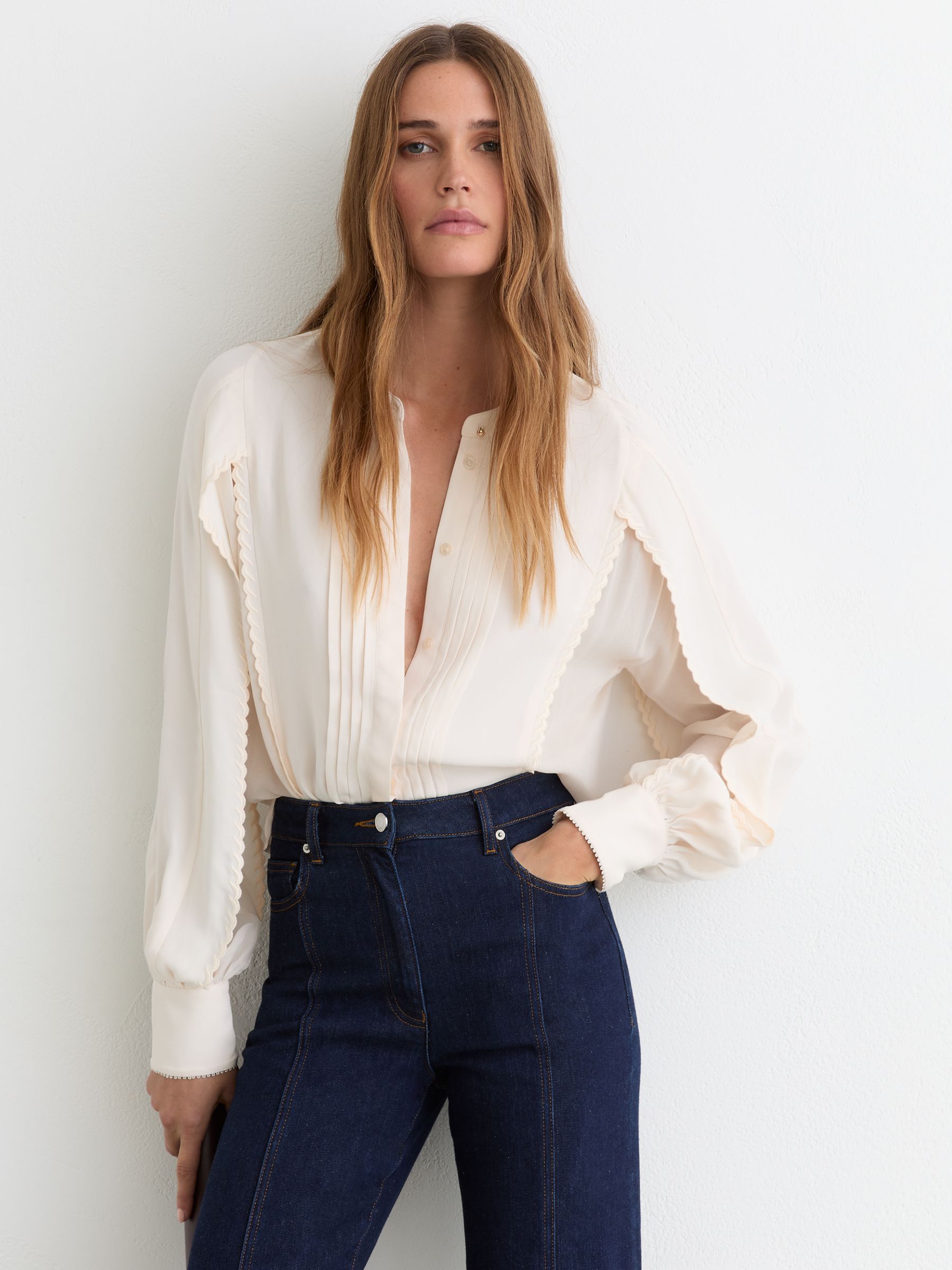 Pleated Embroidered Long-Sleeve Blouse in Pale Pink - image 2