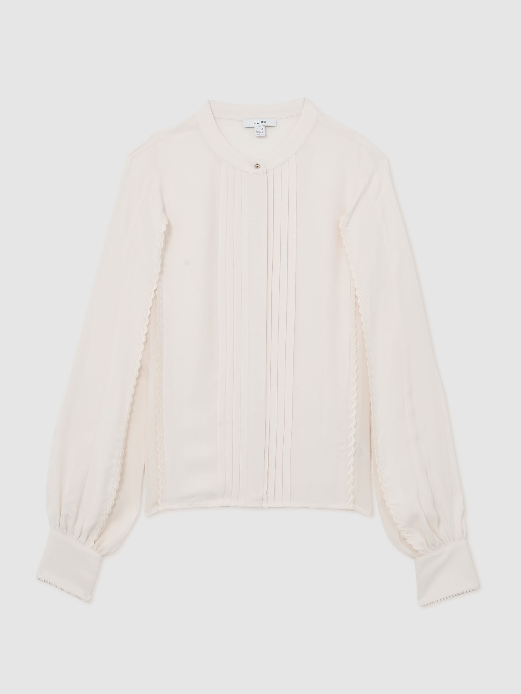 Pleated Embroidered Long-Sleeve Blouse in Pale Pink - image 1