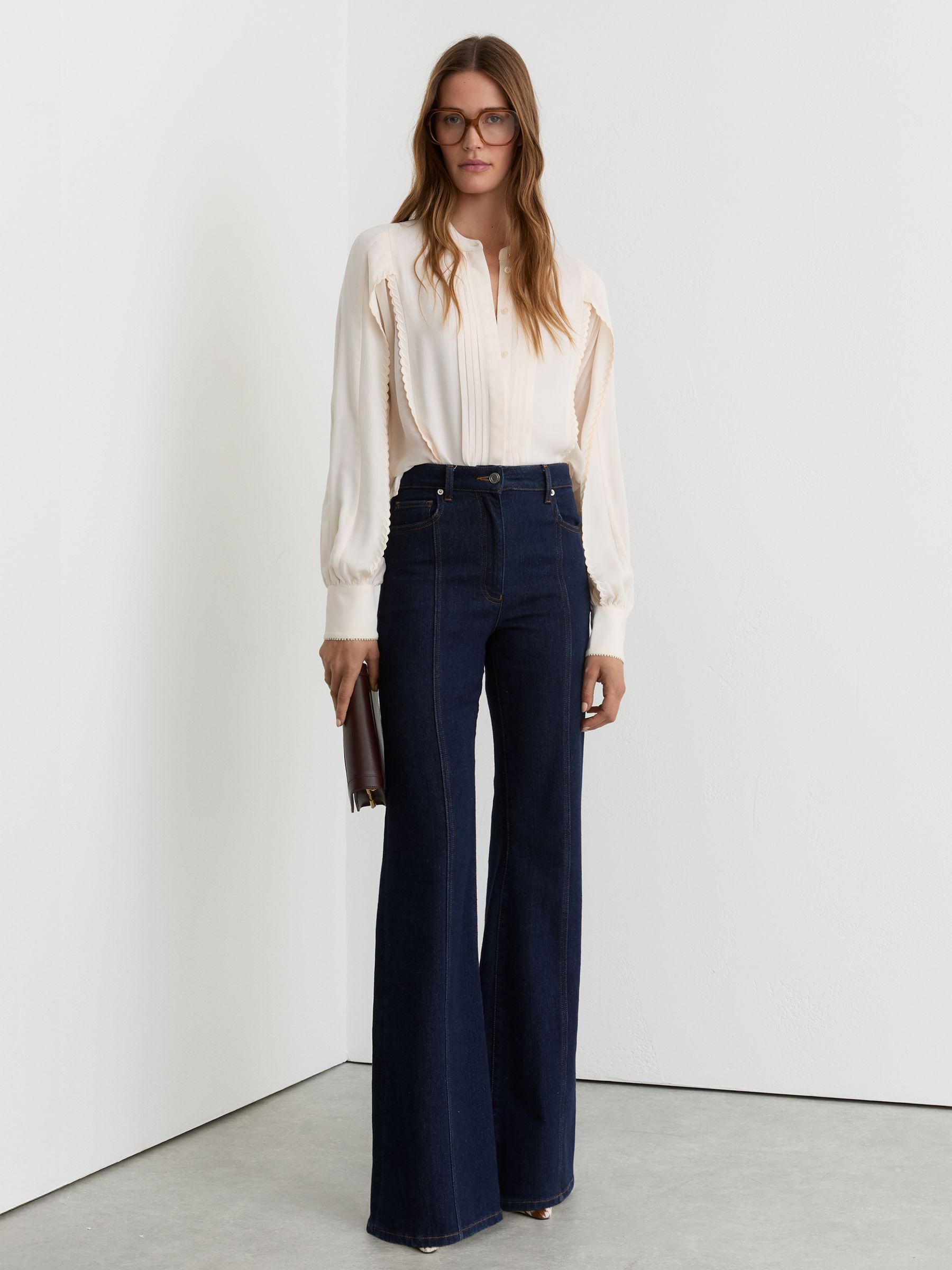 Pleated Embroidered Long-Sleeve Blouse in Pale Pink - Image 3 of 7