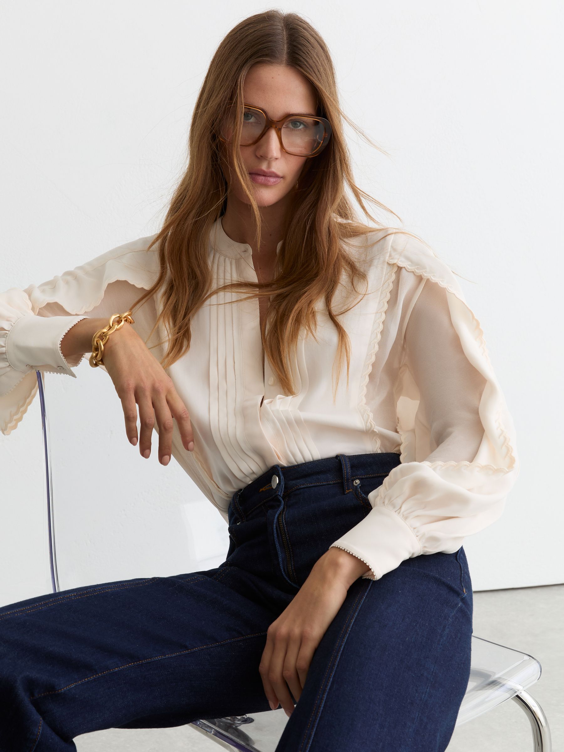 Pleated Embroidered Long-Sleeve Blouse in Pale Pink - Image 5 of 7