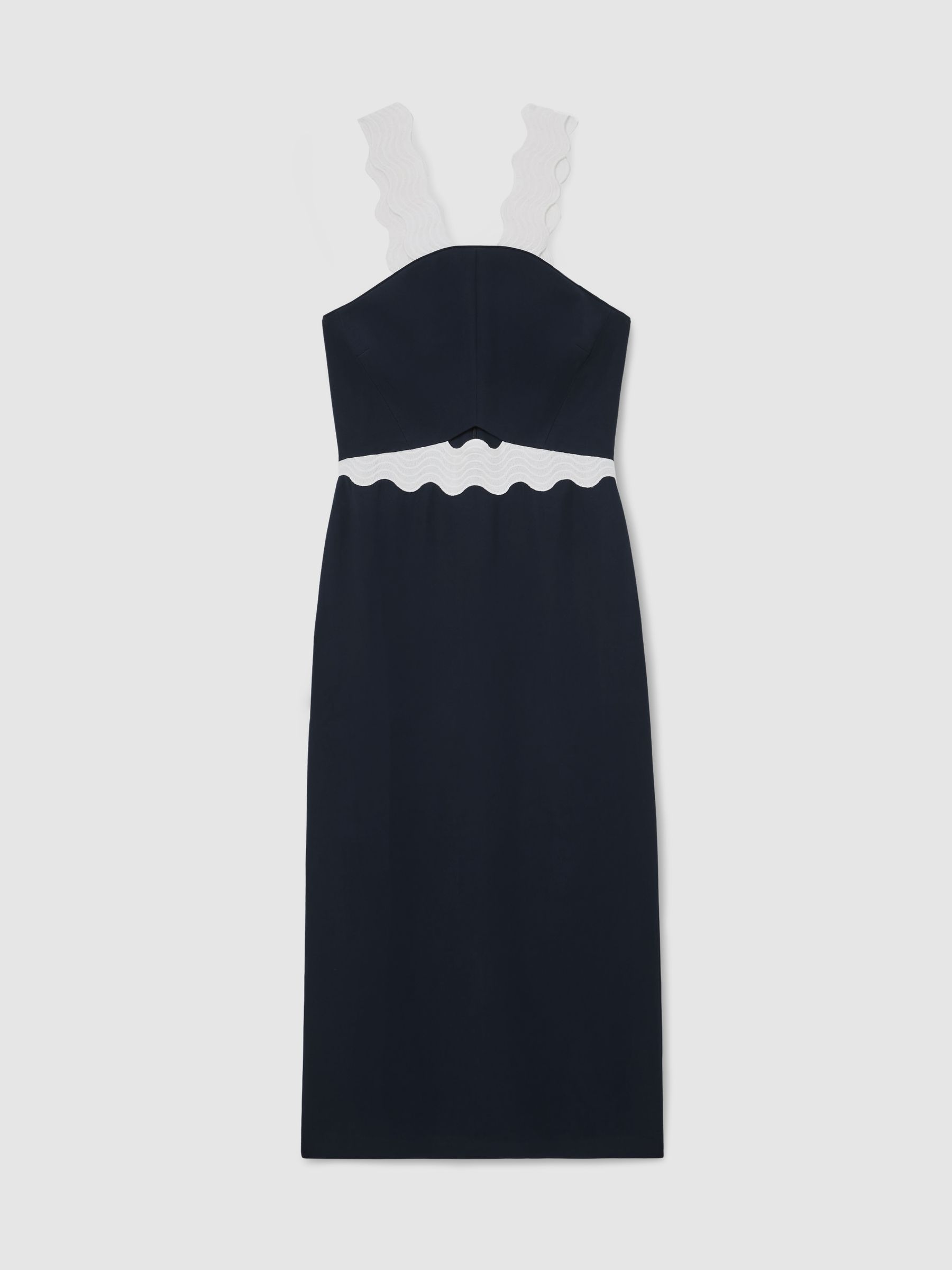 Contrast Wave-Trim Fitted Midi Dress in Navy/Ivory - Image 2 of 7