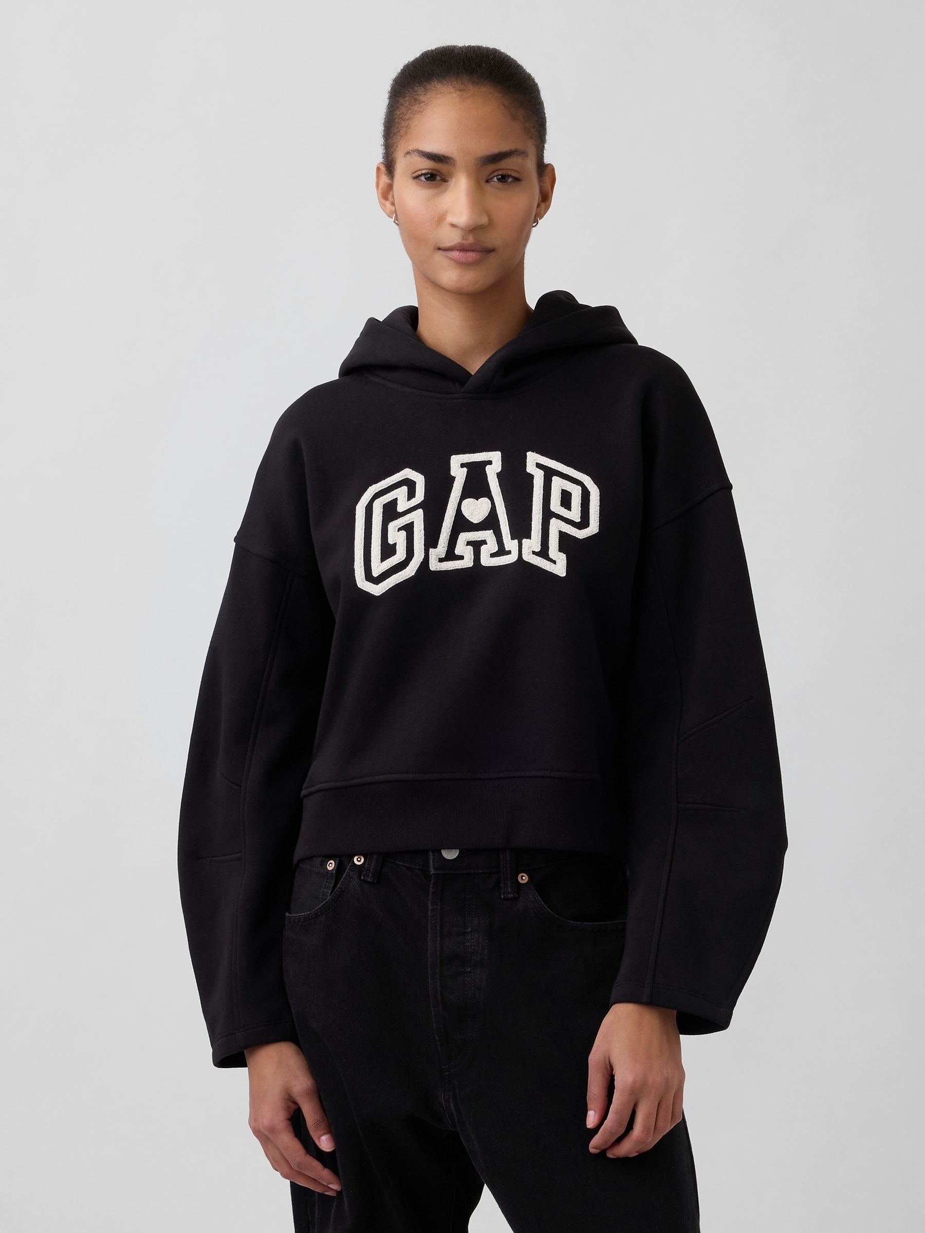 Black VintageSoft Oversized Lantern-Sleeve Crop Hoodie - Image 1 of 4