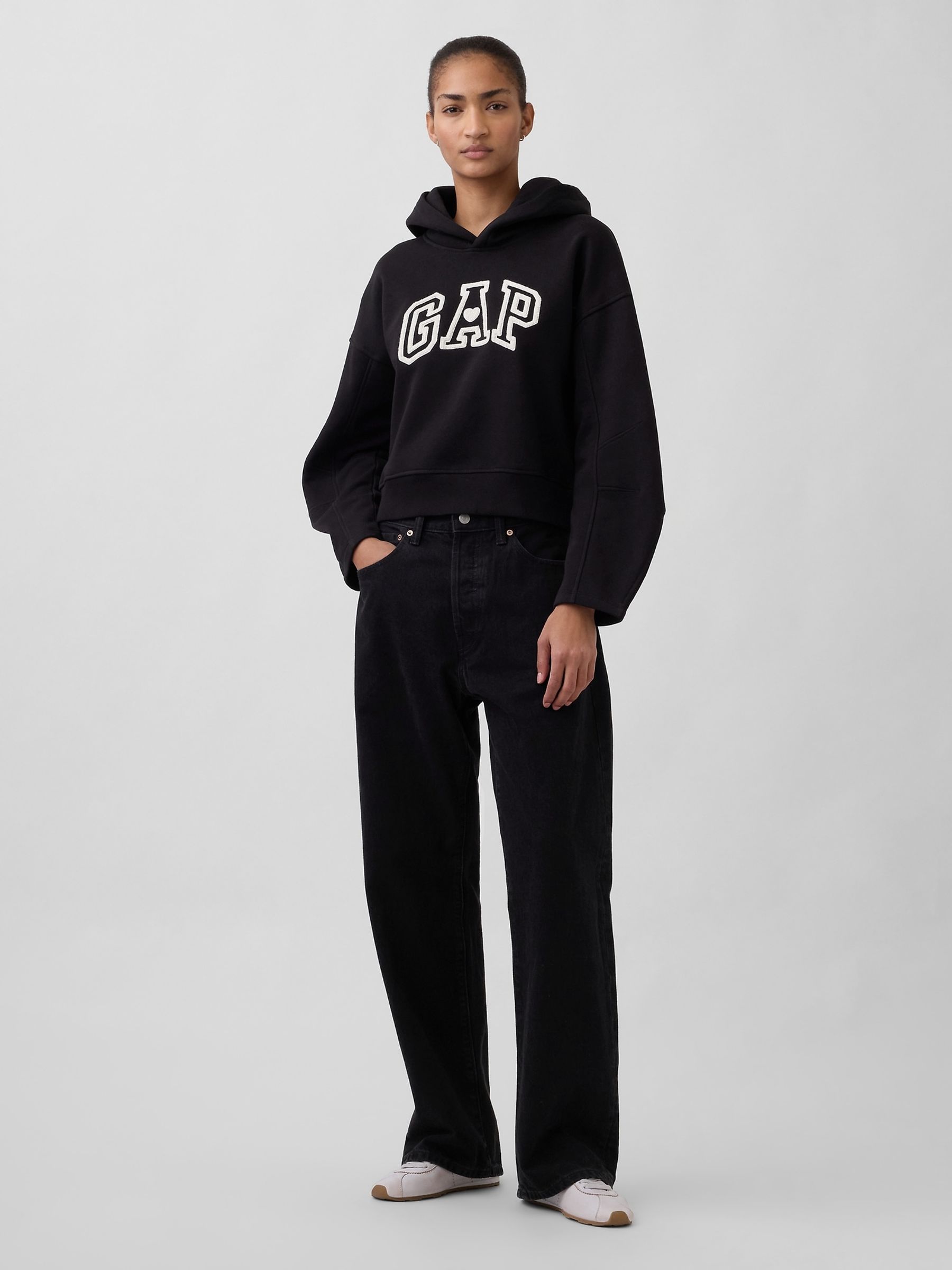 Black VintageSoft Oversized Lantern-Sleeve Crop Hoodie - Image 3 of 4