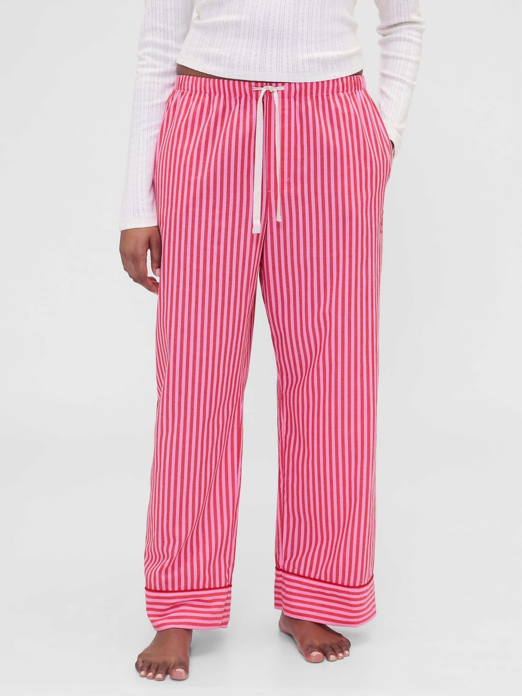 Gap X Summer Fridays Bright Pink/Red Relaxed Poplin Stripe Pyjama Bottoms - Image 1 of 7